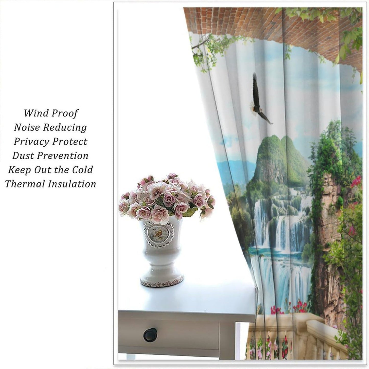 AAVEUP Italian Building Curtains for Kitchen,European Vintage Rustic Romantic Waterfall Natural Flower Landscape Architecture Window Treatments Print for Bedroom Living Room 42x45in(No Blackout)