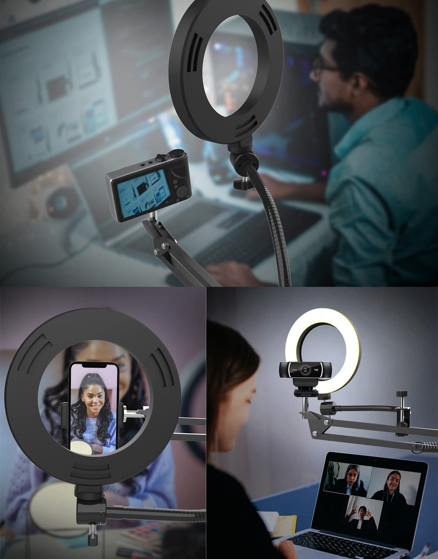 Overhead Phone Mount with Ring Light, Flexible Articulating Phone Arm Stand Compatible with iPhone, Logitech Webcam, Desk Tripod for YouTube Live Stream Cooking Nail Video Recording