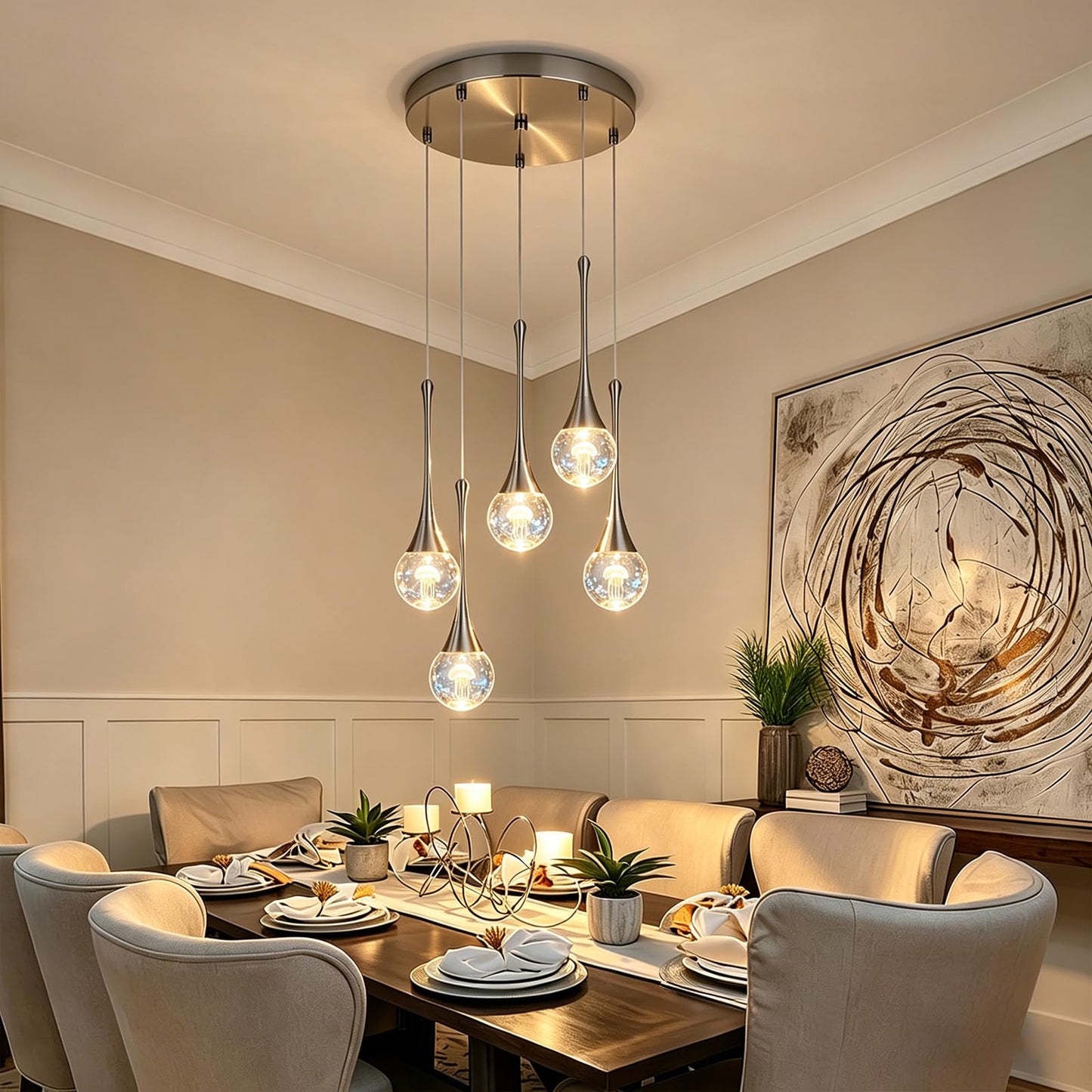 QueeuQ 5 Lights Crystal Raindrop Staircase Chandelier Pendant Lights,Modern Brush Nickel Chandelier Jellyfish Kitchen Island Light Fixtures,Dimmable Spiral LED Globe Ball Ligh for Dining Room