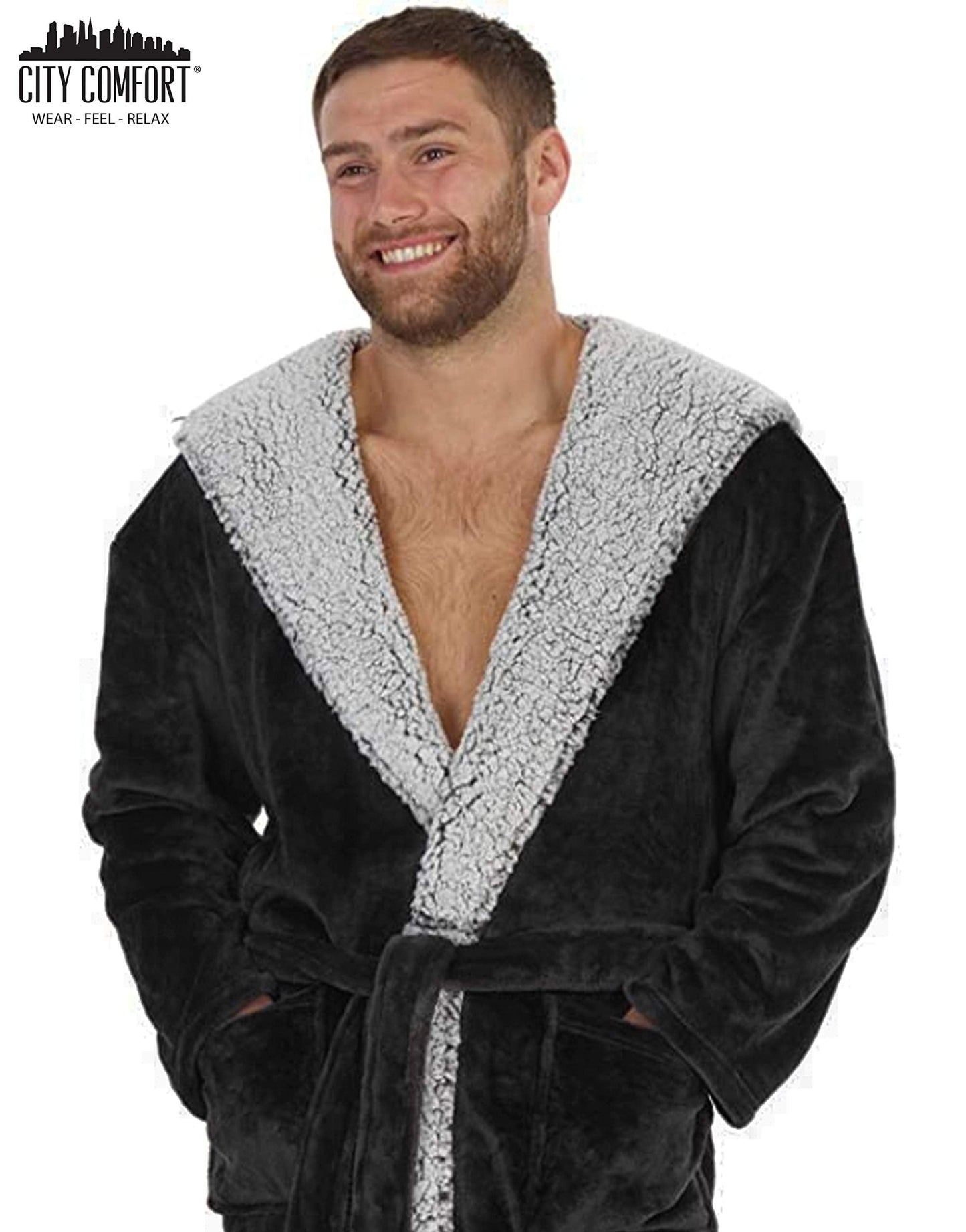 CityComfort Dressing Gown Men and Teenagers - Super Soft Hooded Mens Fleece Robe - Sizes M-2XL Warm Cosy Loungewear Nightwear (Charcoal Black, XL)