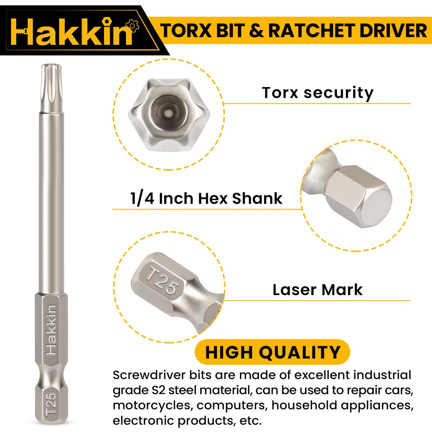 13Pcs Torx Screwdriver Sets Hakkin Torx Bit Set with Ratchet Screwdriver 75mm Torx Security Bit Set S2 Steel T6-T40 Magnetic Tamper Proof torx Bits for Screwdrivers, Impact Drill, Ratchet Wrench etc