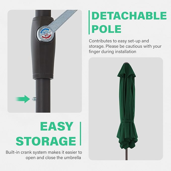 JEAREY 7.5FT Patio Umbrella Outdoor Market Umbrella with 6 Sturdy Ribs, Push Button Tilt/Crank Table Umbrella for Garden, Deck, Backyard and Pool, Dark Green