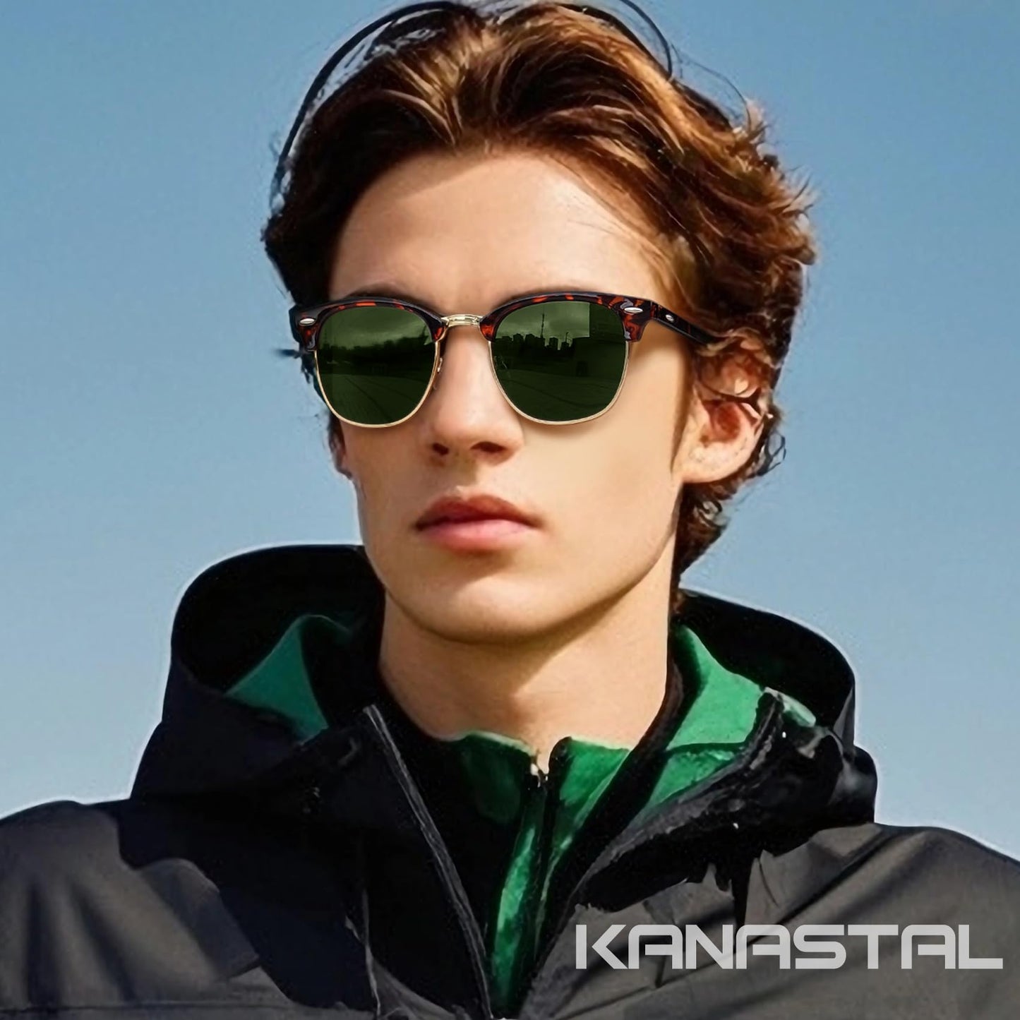 KANASTAL Dark Green Sunglasses Mens Polarised Womens Half Framed Horn Rimmed Sun Glasses Square Female Retro Semi Rimless Browline - Tortoiseshell Green Lens