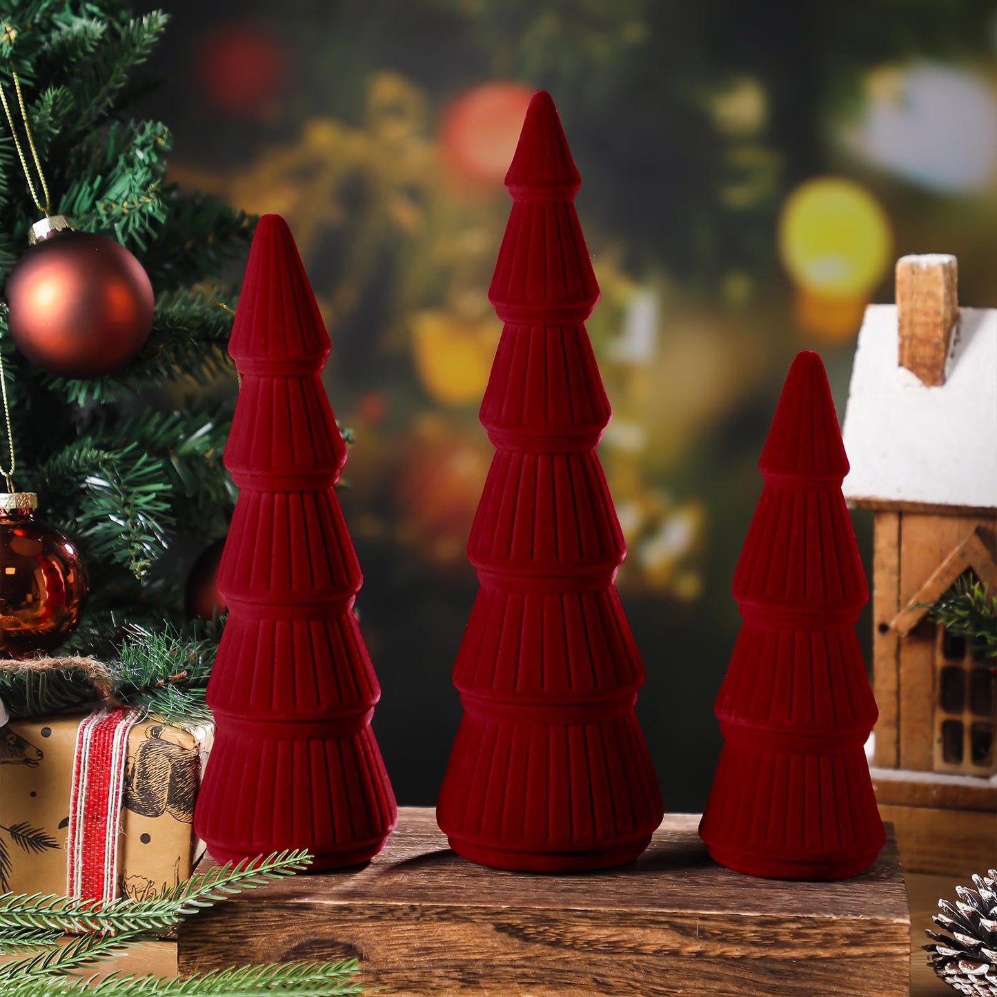 Bucherry 3 PCS Velvet Christmas Tree Figurines Decoration - 8" 10" 14" Modern Cone Christmas Tabletop Home Rustic Centerpiece Set for Winter Holiday Mantel Entryway Party Decor(Burgundy)