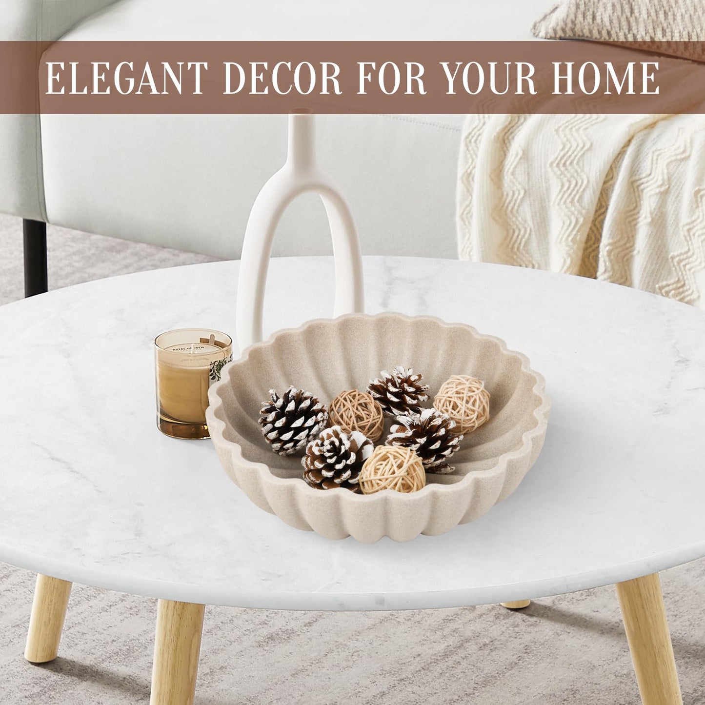 L'ARL GMVOI Large Decorative Bowl - Modern Handicraft Bowls for Home Decor - Fruit Bowl for Kitchen Counter - Key Bowl for Entryway Table - Ruffle Centerpiece Bowl Decor,Artificial Stone Beige