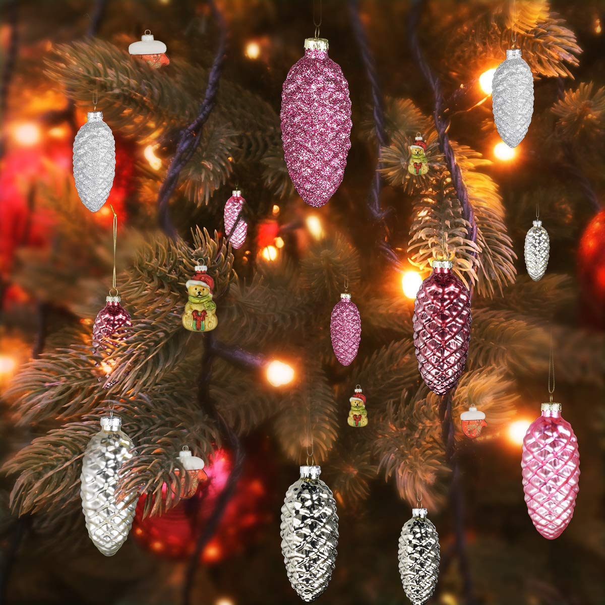 Set of 12 Pine Cone Glass Ornaments for Christmas Tree Decor, Pink Glass Pine Cone Hanging Painted Pine Cone Glass Ornaments for Christmas Tree Decor, Wedding Event Supplies
