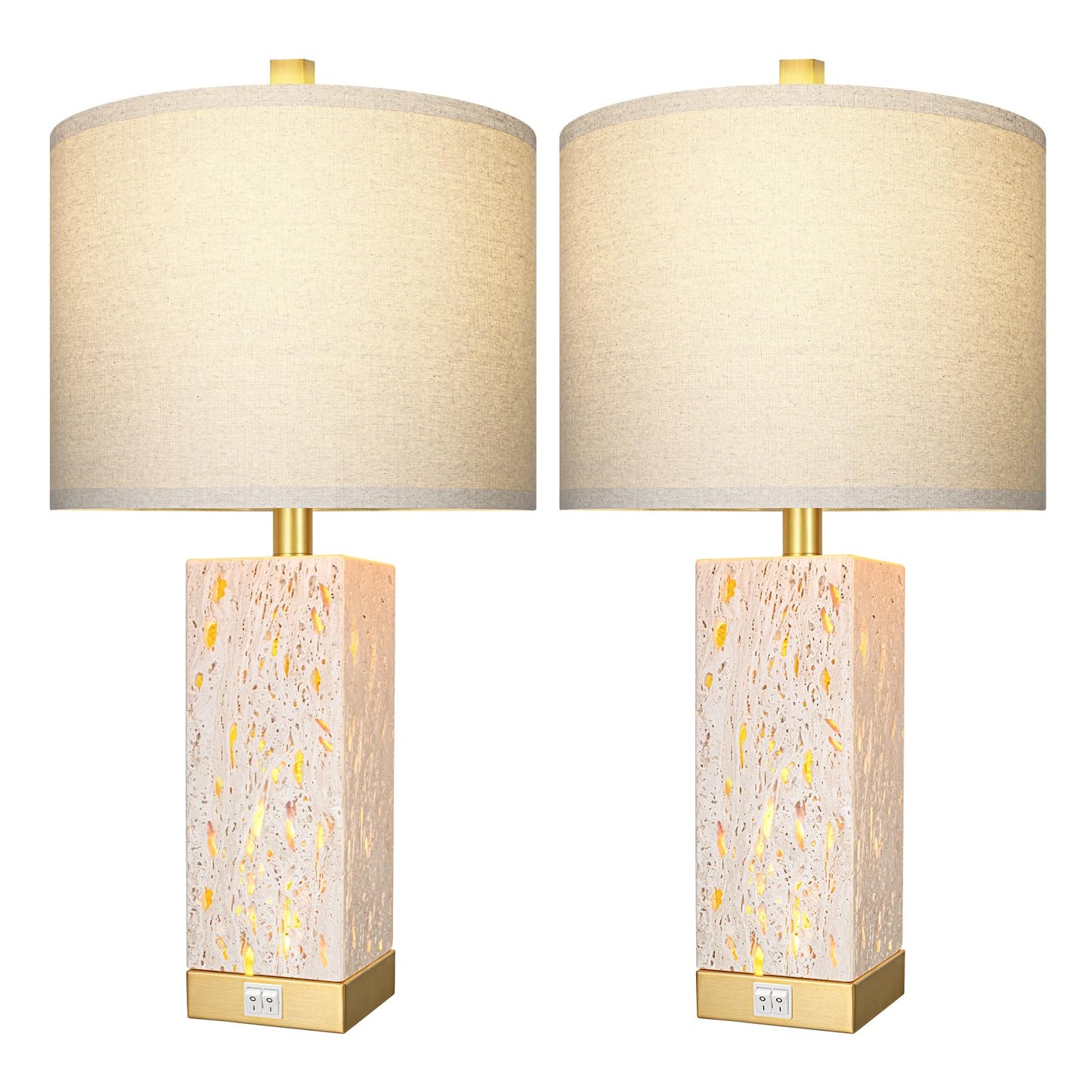 24" Modern Translucent Travertine Table Lamp Set of 2 with Night Light For Living Room,Natural Stone Desk Lamp with USB Ports.Farmhouse Bedside Nightstand Lamp Decor Bedroom home .Tradition End Lamp