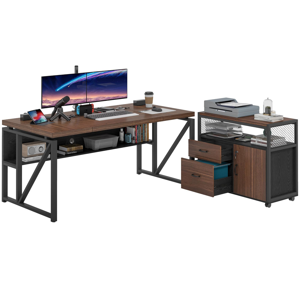 Tribesigns Office Desk with Drawers Sets, 63 inches L Shaped Computer Desk with Mobile File Cabinet,Big Executive Desk for Home Office Furniture Sets (Dark Brown, 63-inch)