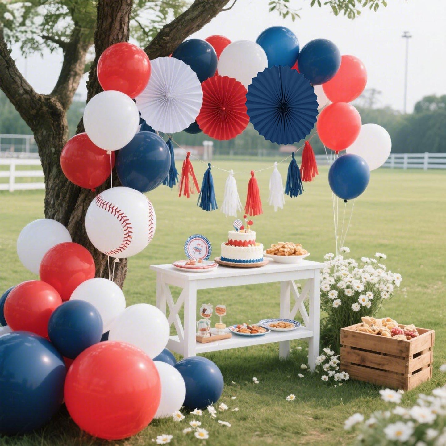 AimtoHome Paper Round Fan Party Decorations, Red White Navy Hanging Fans for Anniversary, Sports,Birthday Party, Baby Shower, Graduation Events,Set of 12(8",10",12",14")