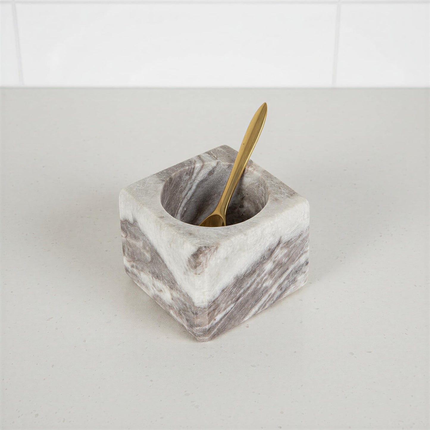 Creative Co-Op Square Marble Bowl with Stainless Steel Spoon, Brown