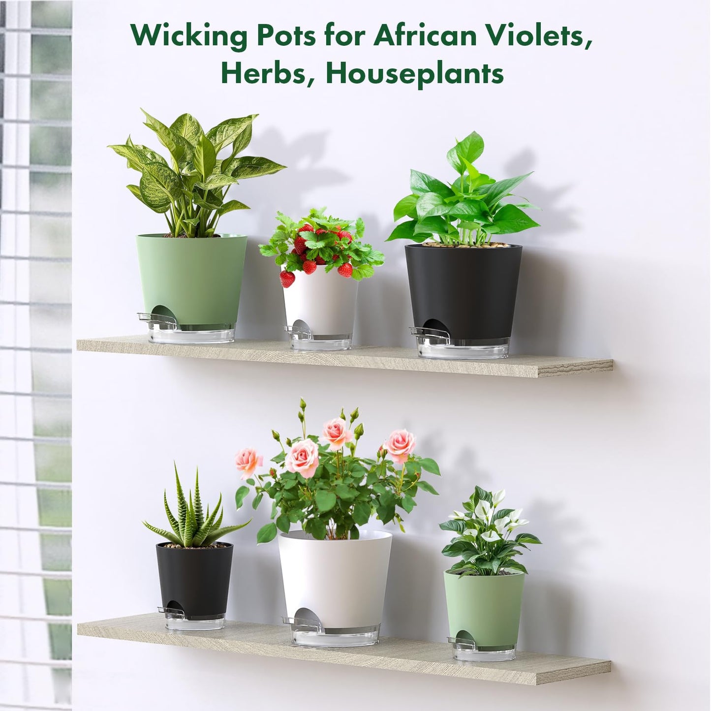 Meowell Self Watering Pots Set of 7 – Assorted Size 4" to 8" Indoor Plant Pots with Drainage Holes and Clear Reservoir for Visible Water Level, Plastic Wicking Planter for House Plants & Flower, Black