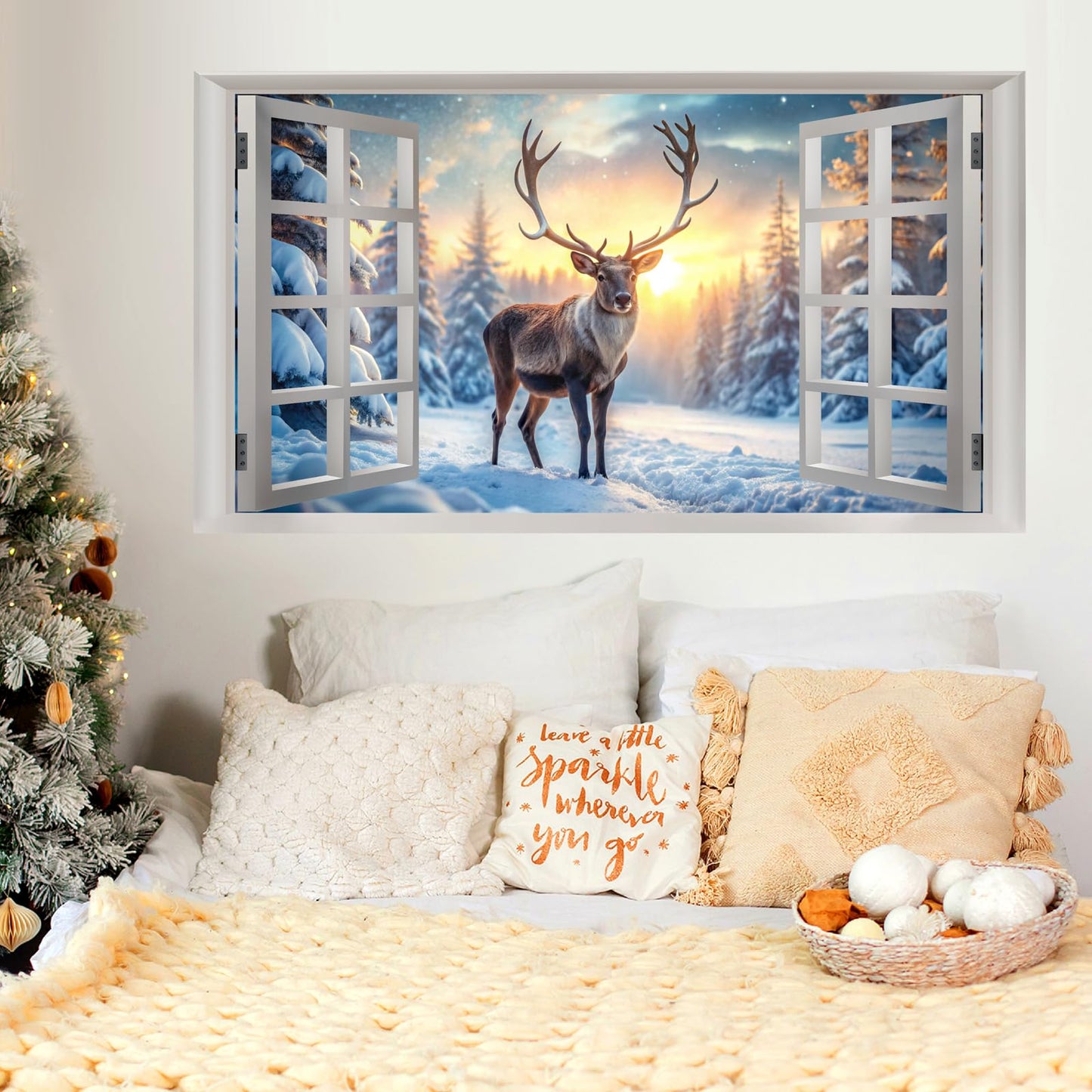 Winter Wall Stickers 3D Fake Windows Wall Stickers Christmas Wall Decals Peel and Stick Forest Wall Sticker Snowy Landscape Walls Decals Winter Pine Tree Art Murals for Living Room Bedroom Decor