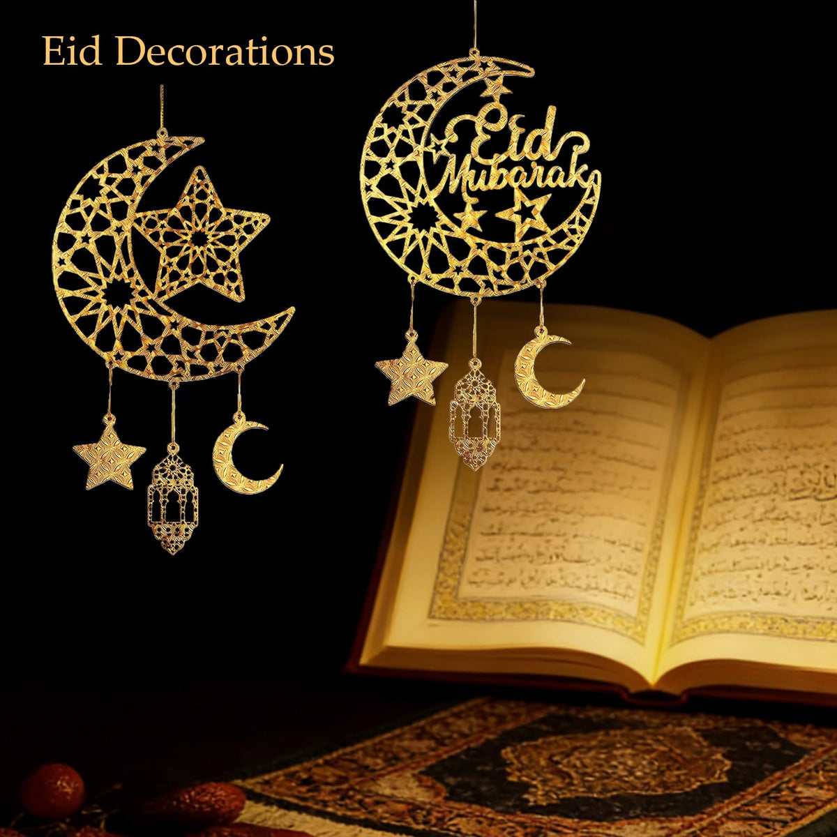 iLifemate Eid Decorations for Home, Eid Mubarak Moon & Star Wooden Hanging Ornaments – Gold Islamic Crescent Moon for Eid al-Fitr Sign, Muslim Home Decor, Eid Gifts, Ramadan Party Wall Door Wreath