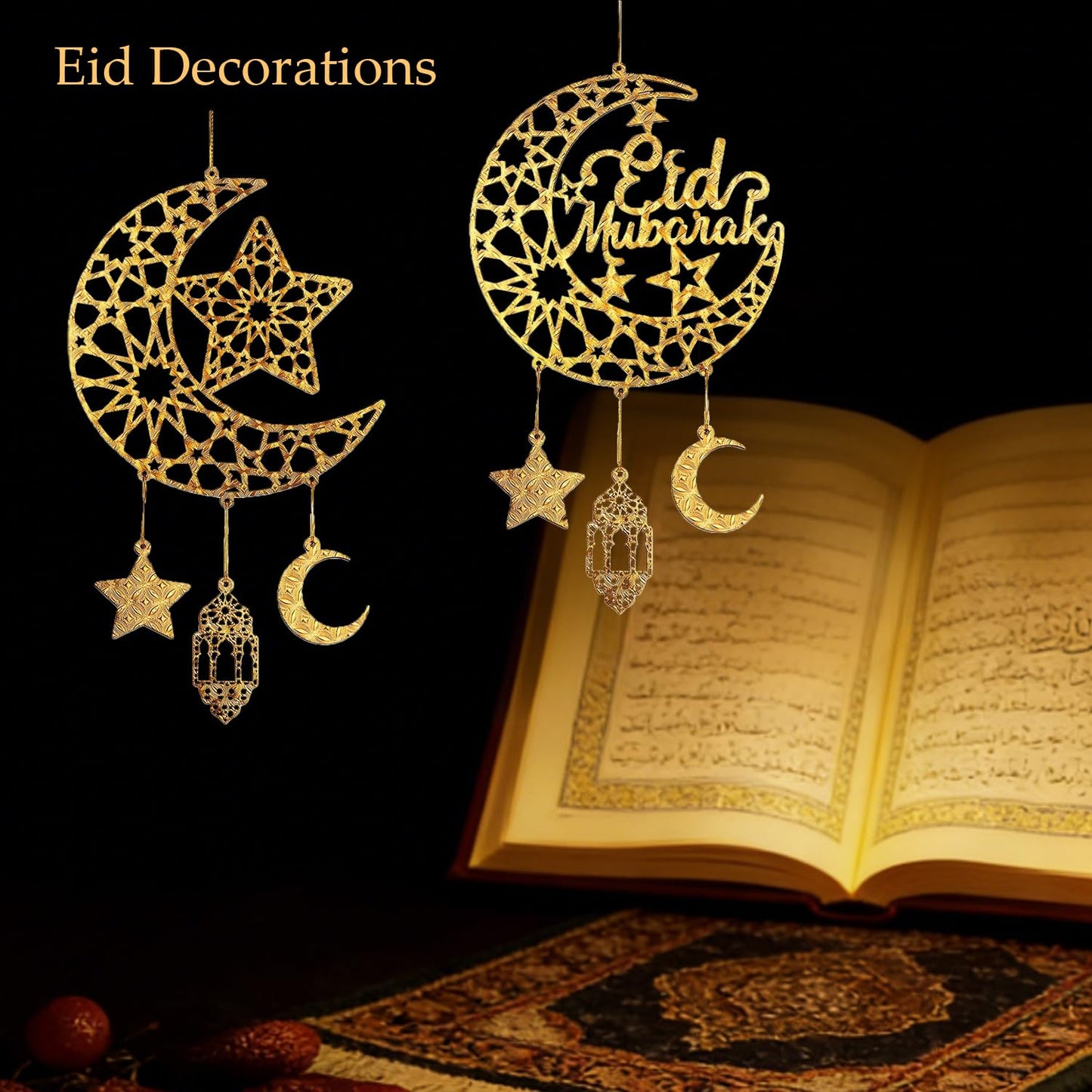 iLifemate Eid Decorations for Home, Eid Mubarak Moon & Star Wooden Hanging Ornaments – Gold Islamic Crescent Moon for Eid al-Fitr Sign, Muslim Home Decor, Eid Gifts, Ramadan Party Wall Door Wreath