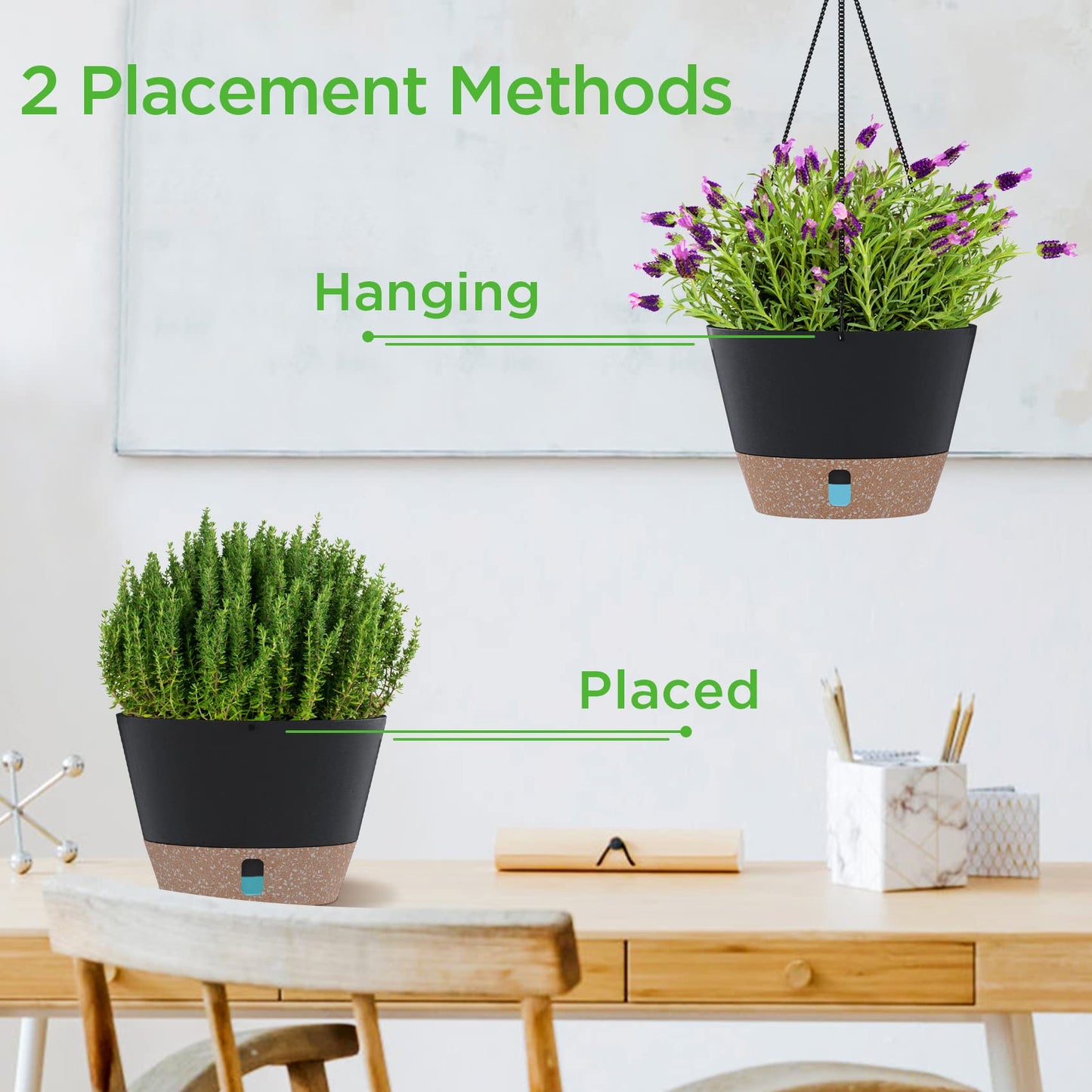 SOSMAR 2 Pack Hanging Planters, 10 Inch Hanging Pots with Visible Water Level, 6 Pcs Hooks, Decorative Flower Pot Holder with Drainage for Indoor Outdoor Use