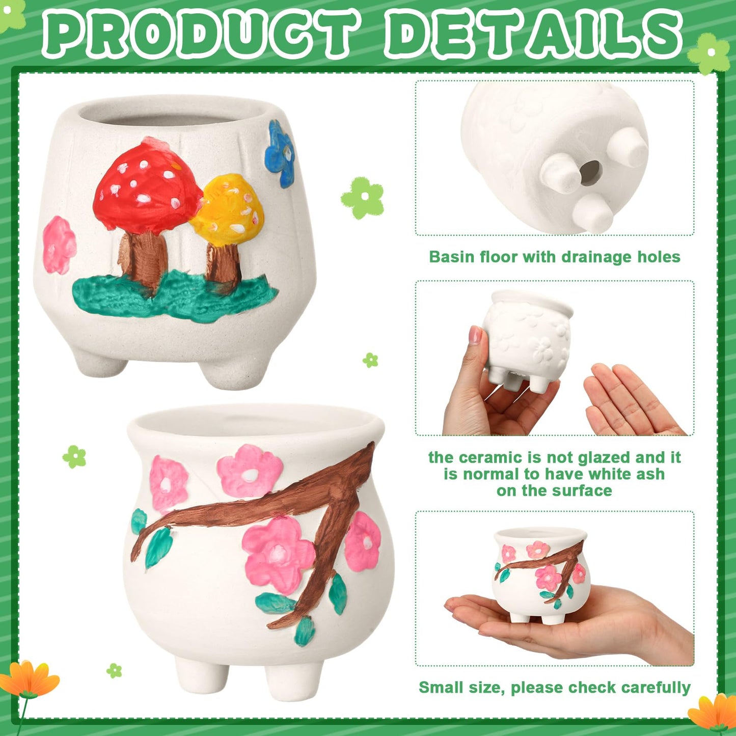 Hushee 12 Sets Ceramic Succulent Planters Paintable Succulent Plant Pots Small DIY Figurines Unpainted Pots with Drainage Hole Color Paints Paintbrushes Palettes(Flower)