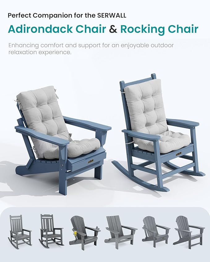 SERWALL HDPE Outdoor Rocking Chair Cushion Set of 2, Memory Foam Cushion Gray