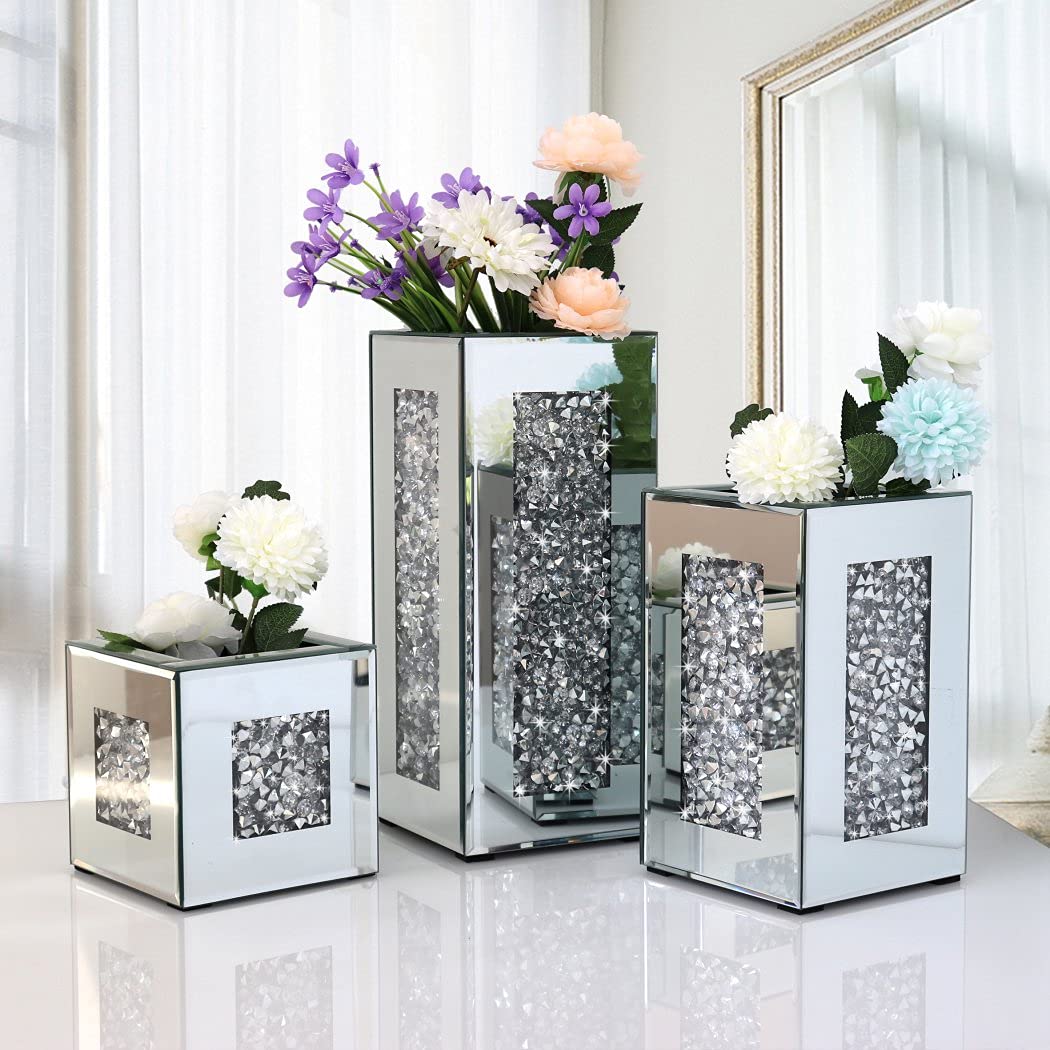 Crushed Diamond Mirrored Vase 6x6x6inch Crystal Silver Glass Stunning Decorative Vase Flower Luxury for Home Decor. Can’t Hold Water.