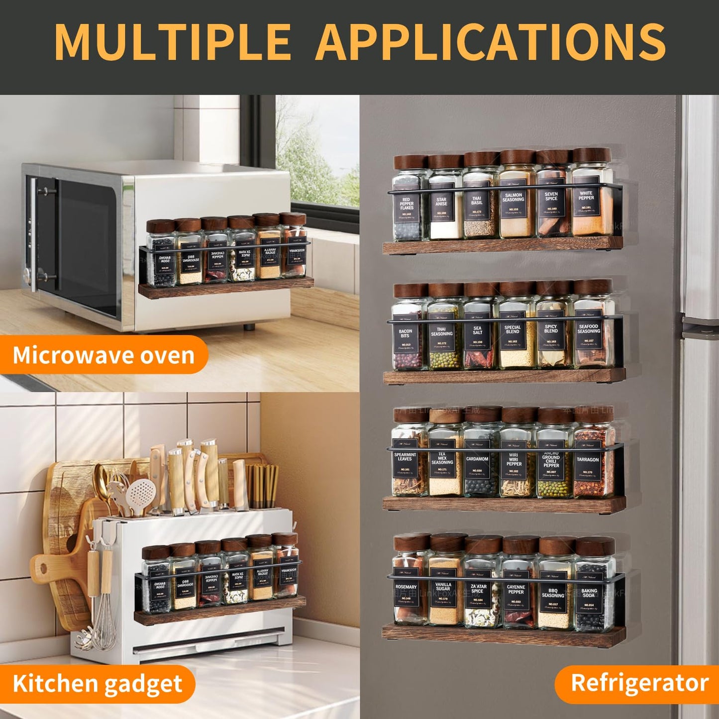 KitHero Wooden Lid Magnetic Spice Rack with 24 Jars, 216 Labels, 1 Steel Funnel for Refrigerator,Microwave Oven - Full Set of Spice Organizer