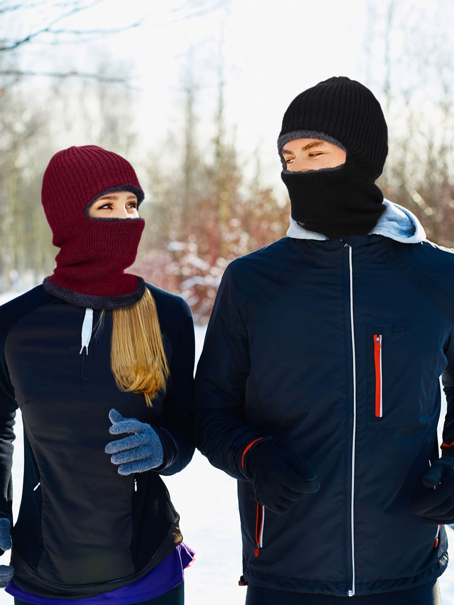 2 Pieces Winter Warm Knitted Balaclava Neck Warmer Hat Fleece Ski Cover Windproof Face Cover for Outdoor Sports (Black, Red)