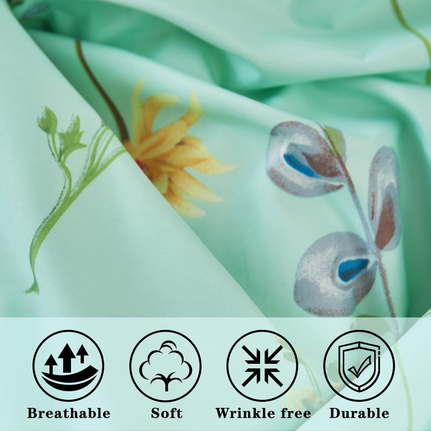 JSD Green Floral Printed Sheet Set Full Size, 4 Piece Soft Botanical Microfiber Sheets Extra Deep Pocket
