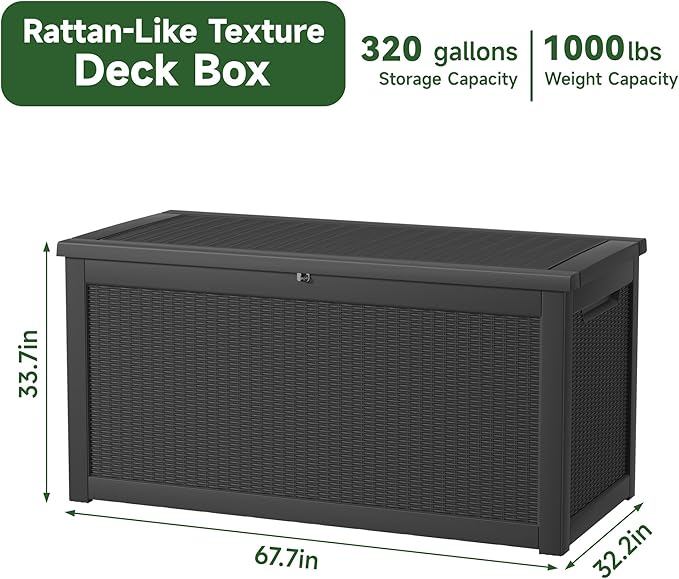 260 Gallon Resin Deck Box, Lockable Patio Outdoor Storage Box for Furniture, Garden Tools and Tools Storage, Waterproof Outside Storage Boxes - Black