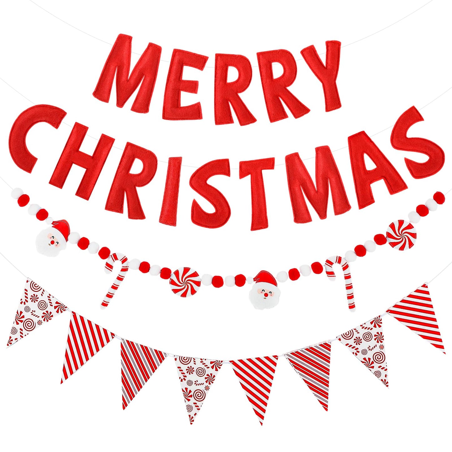 VitalCozy 3 pcs Pre Strung Merry Christmas Banner Felt Merry Christmas Garland Felt Pennant Flag Xmas Sign Outdoor Indoor Decoration for Holiday Party Supplies Home Porch(Red, White, Candy Cane)