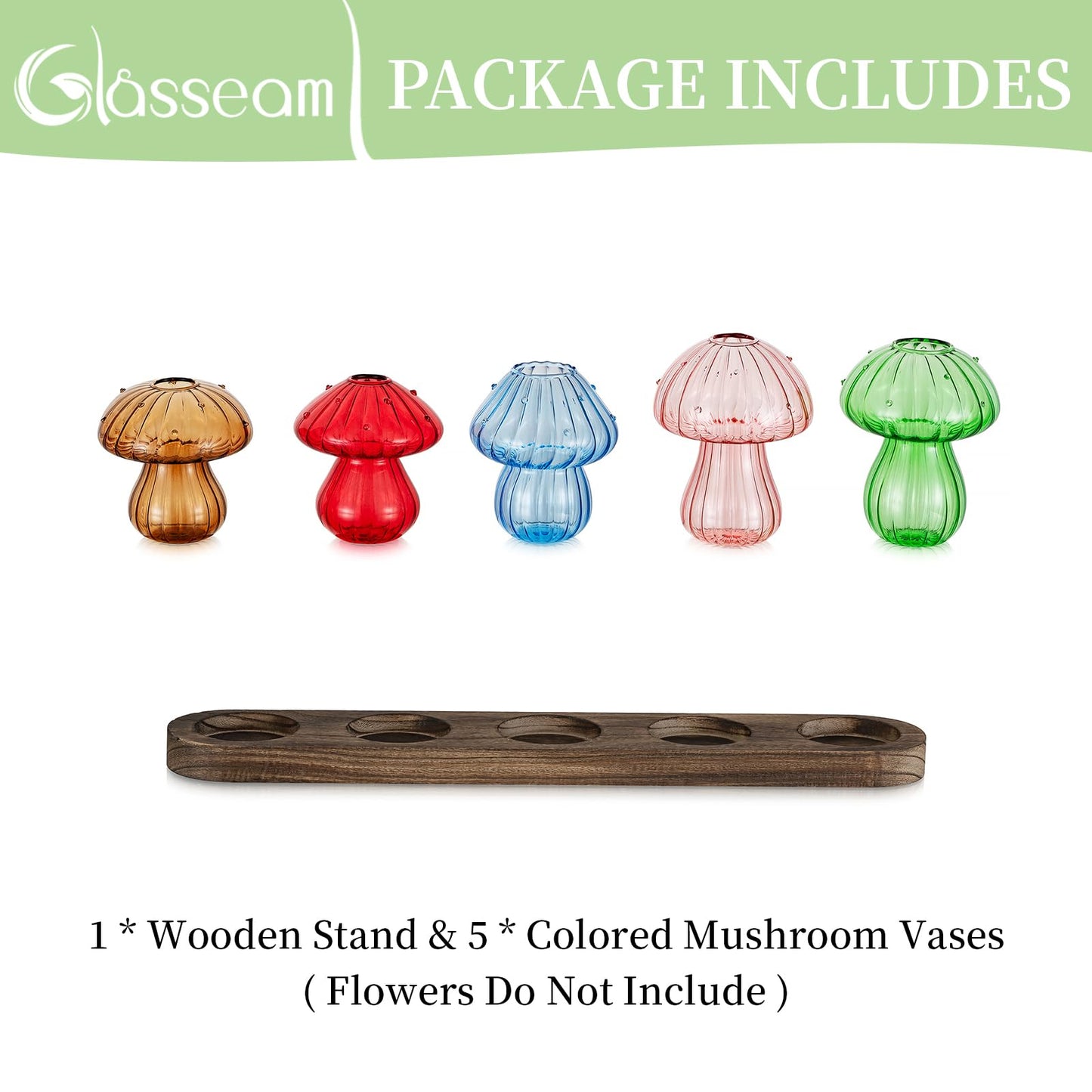 Glasseam Mushroom Plant Propagation Stations: Glass Terrarium Jars with Wood Stand - Unique Hydroponic Planters for Indoor Plants, Office Decor - 5 Pcs