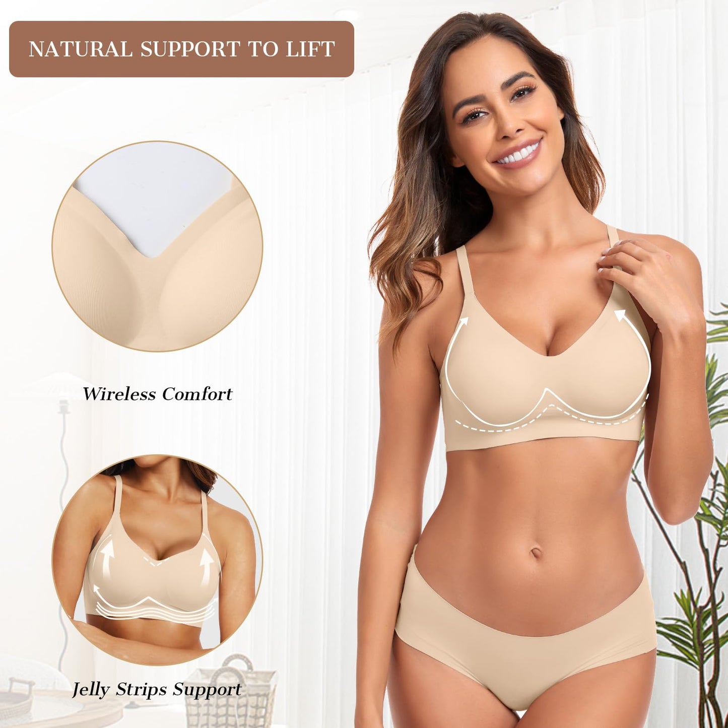 OEAK Womens Wireless Bras Comfortable Push Up Bra No Underwire Bra Full Support Lift Bralette Everyday Seamless Tshirt Bras Small Beige