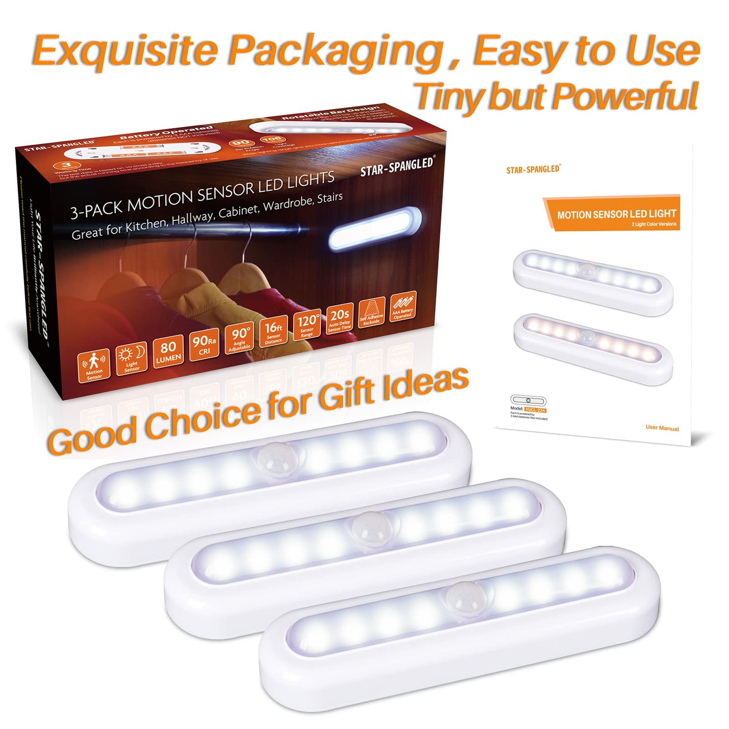 STAR-SPANGLED 3 Pack 7” Motion Sensor Lights Indoor Battery Operated, Stick on LED Light for Closet, Stairs, Under Cabinet, Cool White