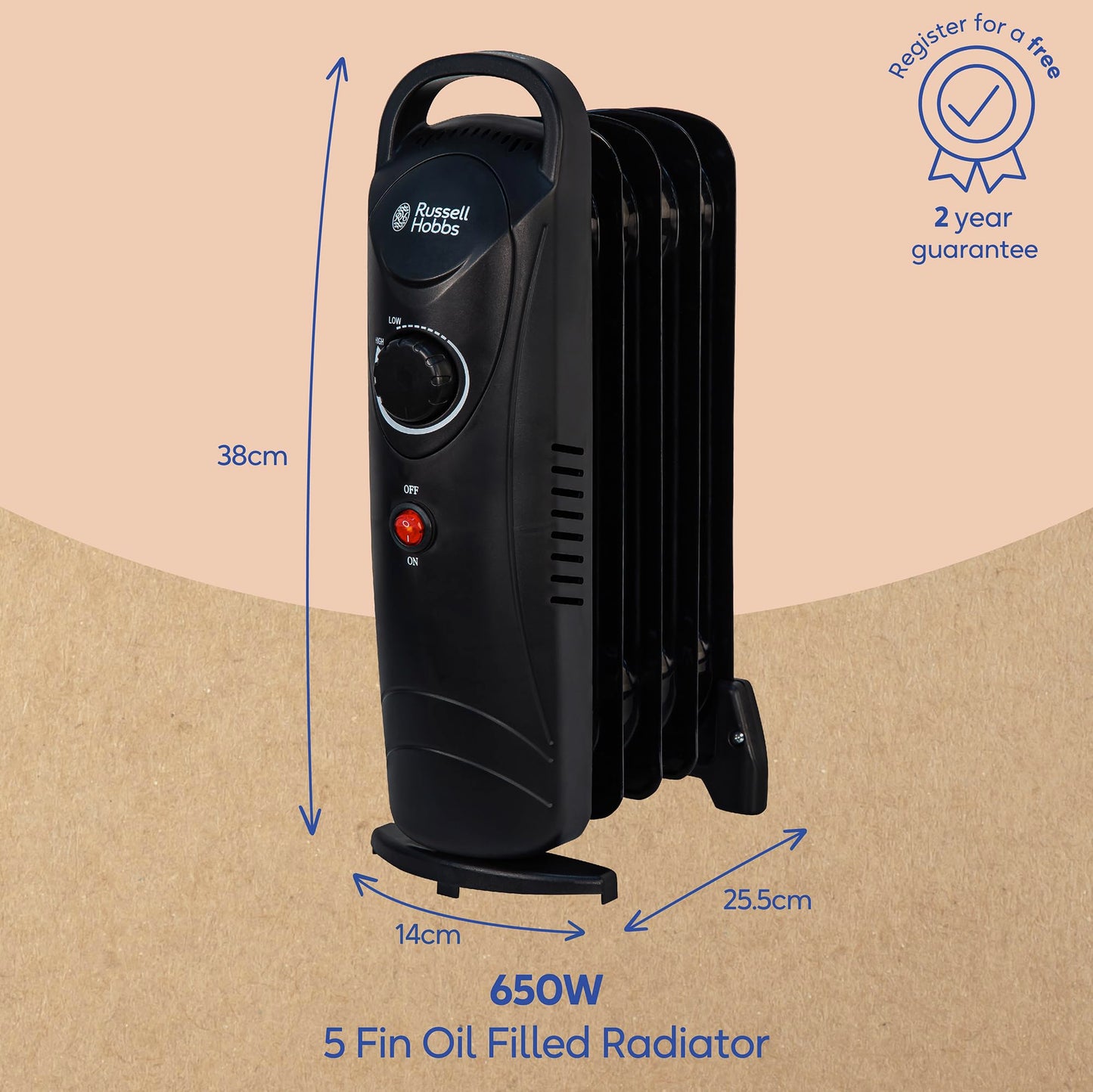Russell Hobbs 650W Oil Filled Radiator, 5 Fin Portable Electric Heater - Black, Adjustable Thermostat, Safety Cut-off, 10 m sq Room Size, RHOFR3001, 2 Year Guarantee