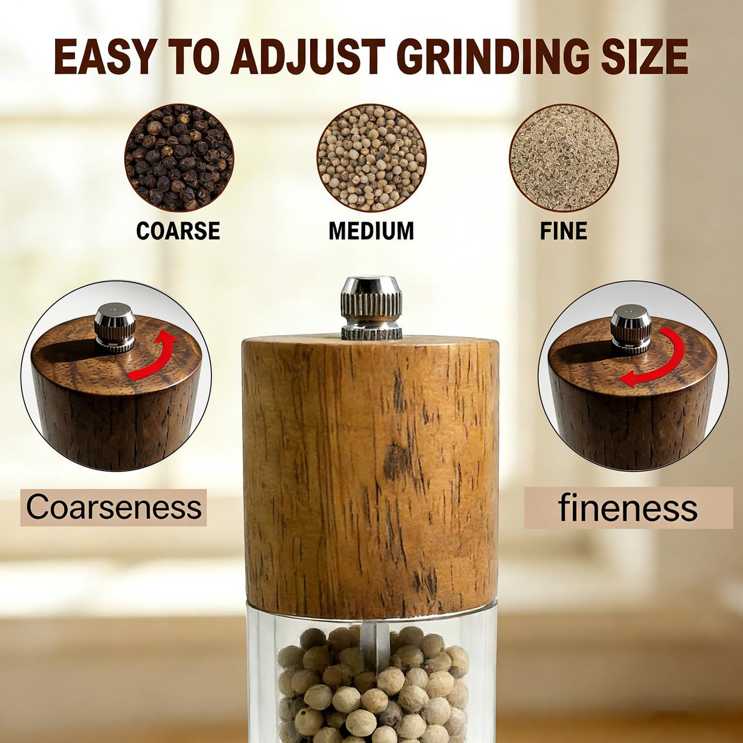 Forusom Acacia Wood & Acrylic Salt and Pepper Grinder Set, 8 Inch Adjustable Ceramic Core Mills, 2Pcs Premium Manual Spice Grinders for Gourmet Kitchens, Pepper Mill Set