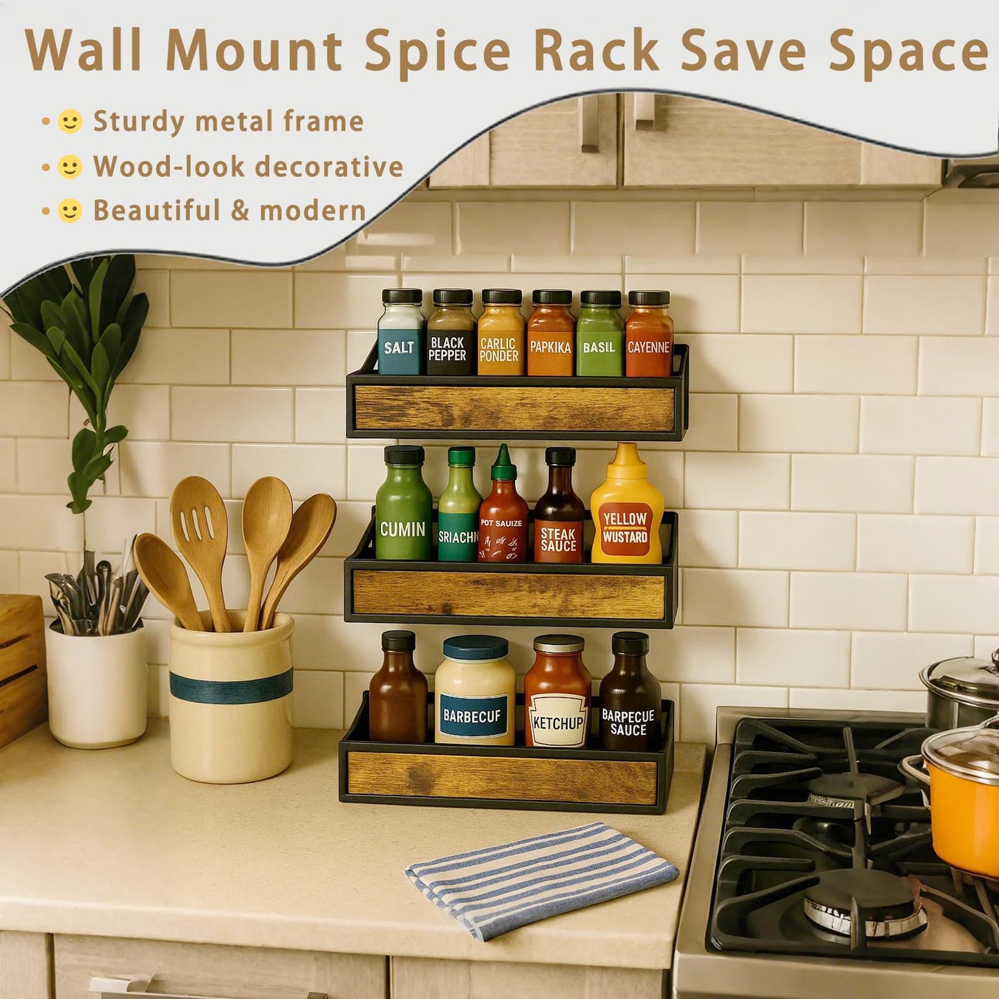 ROURANB Spice Rack Wall Mount for Large Spice Jars, 6 Pack Ironwood Spice Organizer shelf for Rustic, Industrial and Modern Kitchens,Quick Adhesive Strips and Screws for Mounting (Engineered Wood)