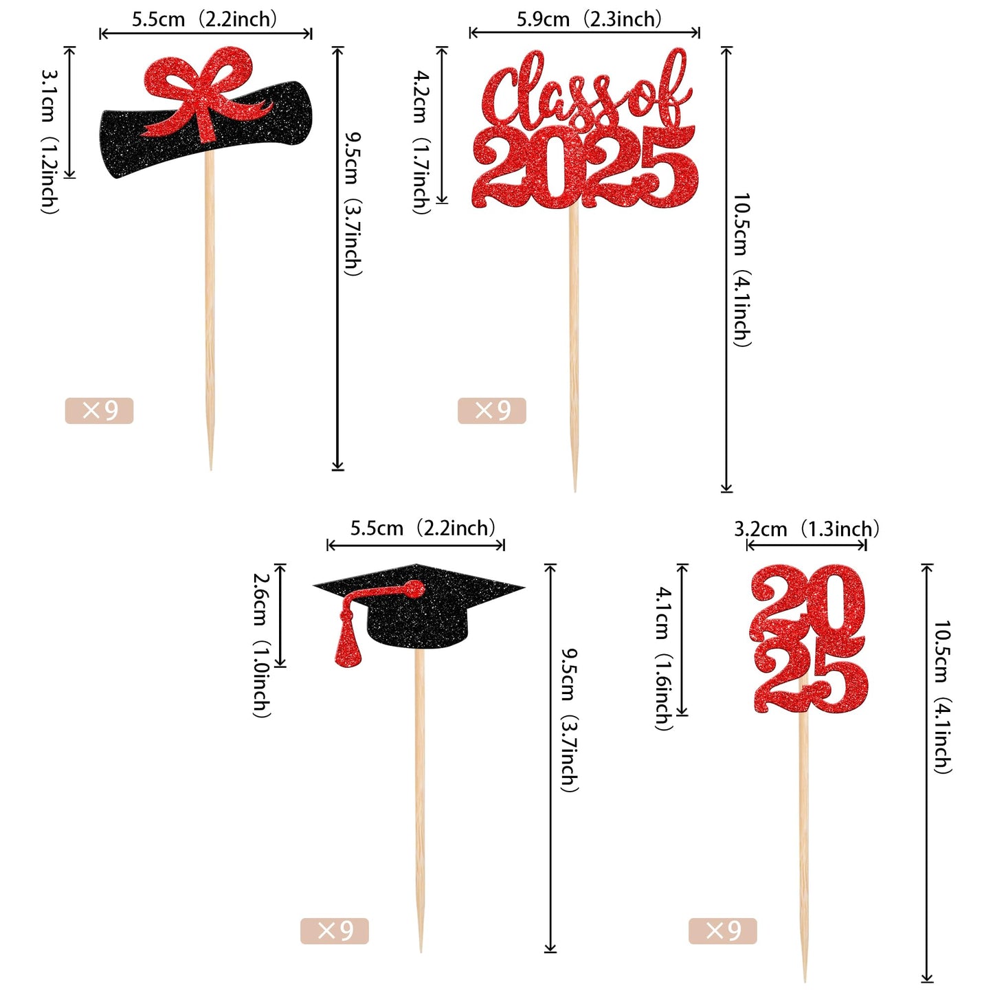 36 PCS 2023 Graduation Theme Cupcake Toppers Glitter Class of 2023 Graduation Cap Diploma Cupcake Picks Party Cake Decorations Supplies Red
