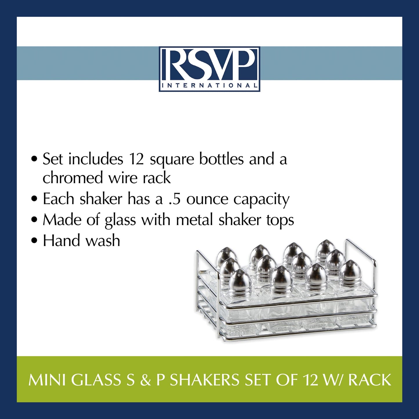 RSVP International Mini Glass Salt & Pepper Set Holder Included, 12 Shakers, Chrome and Stainless Steel