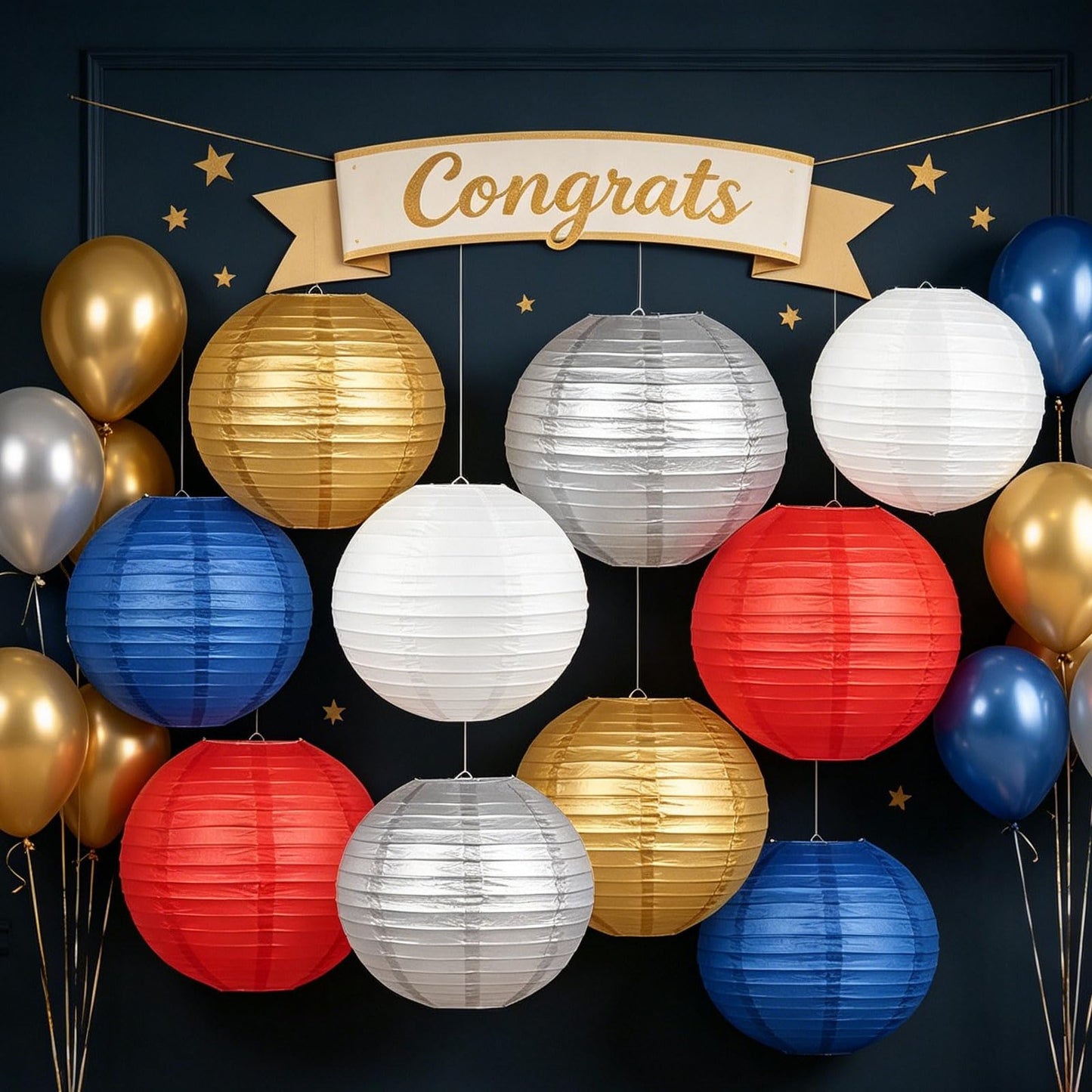 AimtoHome Paper Lanterns Set (10 Pcs)- 8/10 Inch Royal Blue, Red, White, Gold & Silver Round Hanging Paper Lanterns for Wedding, Birthday, Patriotic Holiday, Party Decor, Baby Showers & Home Accents