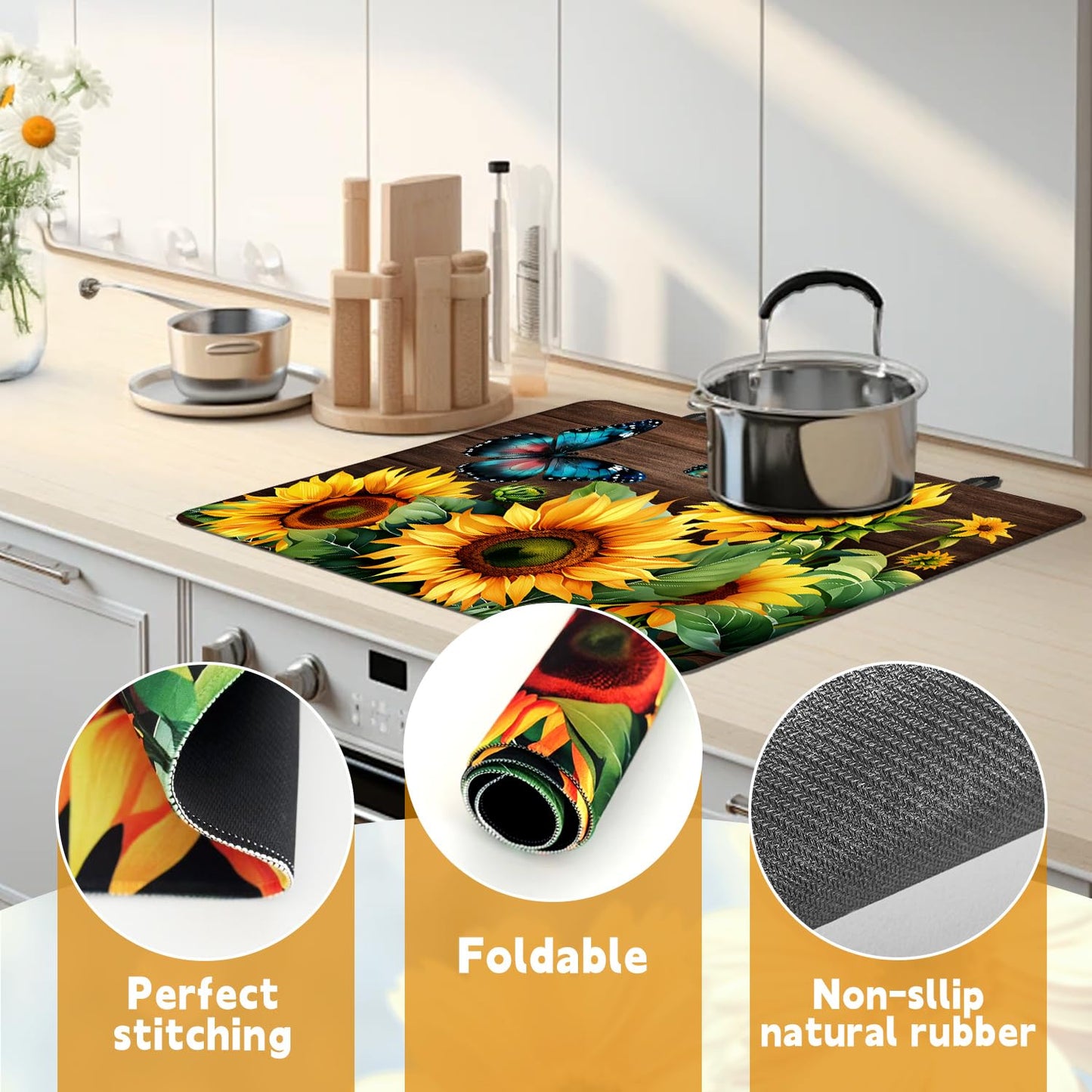 Sunflower Stove Top Cover for Electric Stove, Blue Butterfly Range Covers, Yellow Flower Range Top Mats, Spring Summer Cooktop Cover 28x20 inch, Glass Cooktop Covers for Kitchen Holiday Home Decor