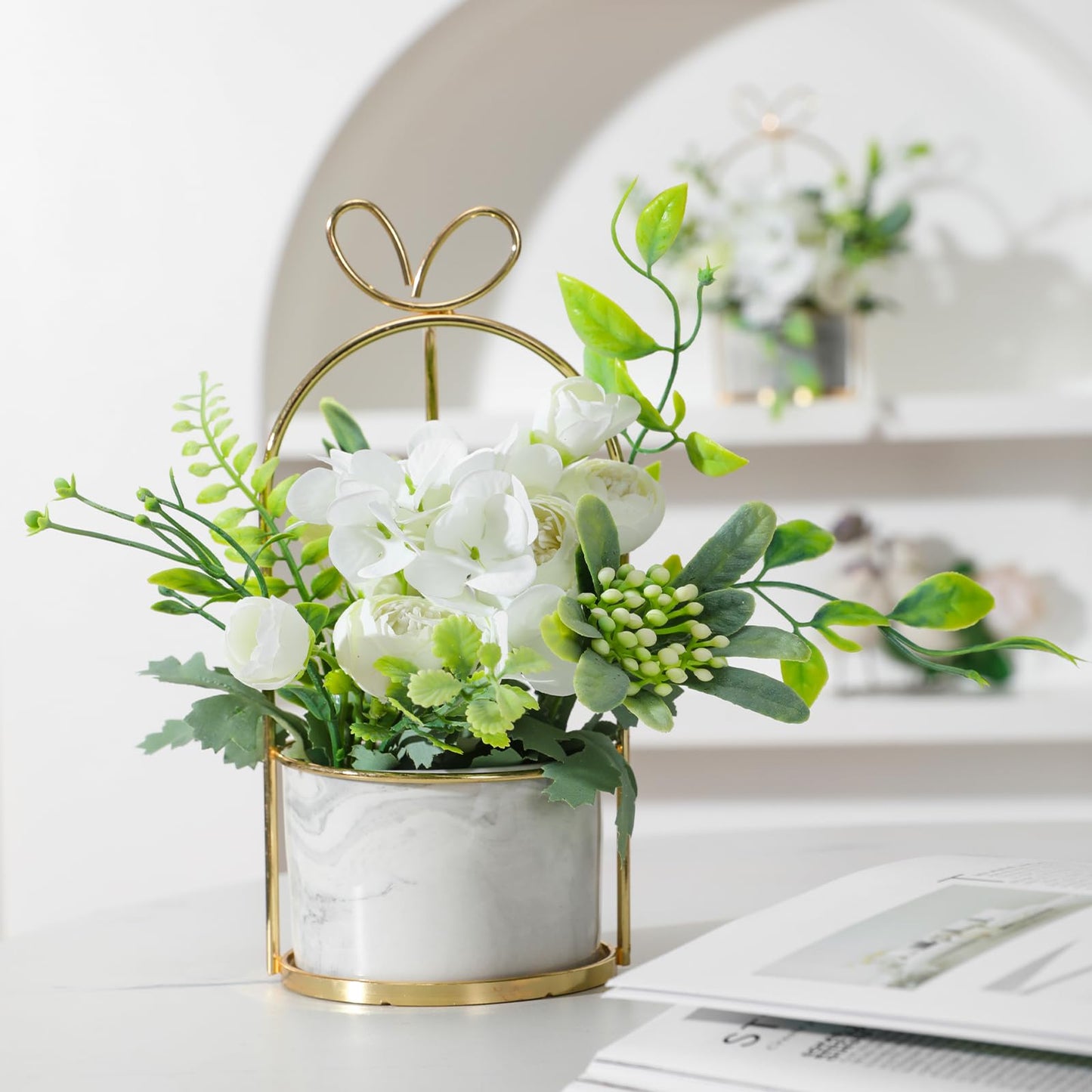 Hobyhoon Artificial Silk Flowers with Vase Fake Hydrangea & Chrysanthemum Floral Arrangement for Home Wedding Decor, Table Centerpiece, Living Room Desk Decoration