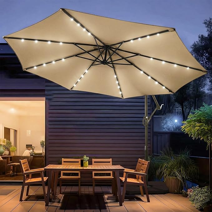 wikiwiki 10ft Solar LED Patio Umbrella with Base Included, Offset Umbrella with Weighted Sandbag Base, Cantilever Patio Umbrellas for Backyard, Garden & Deck, 32 LED Lights & Polyester Shade, Tan