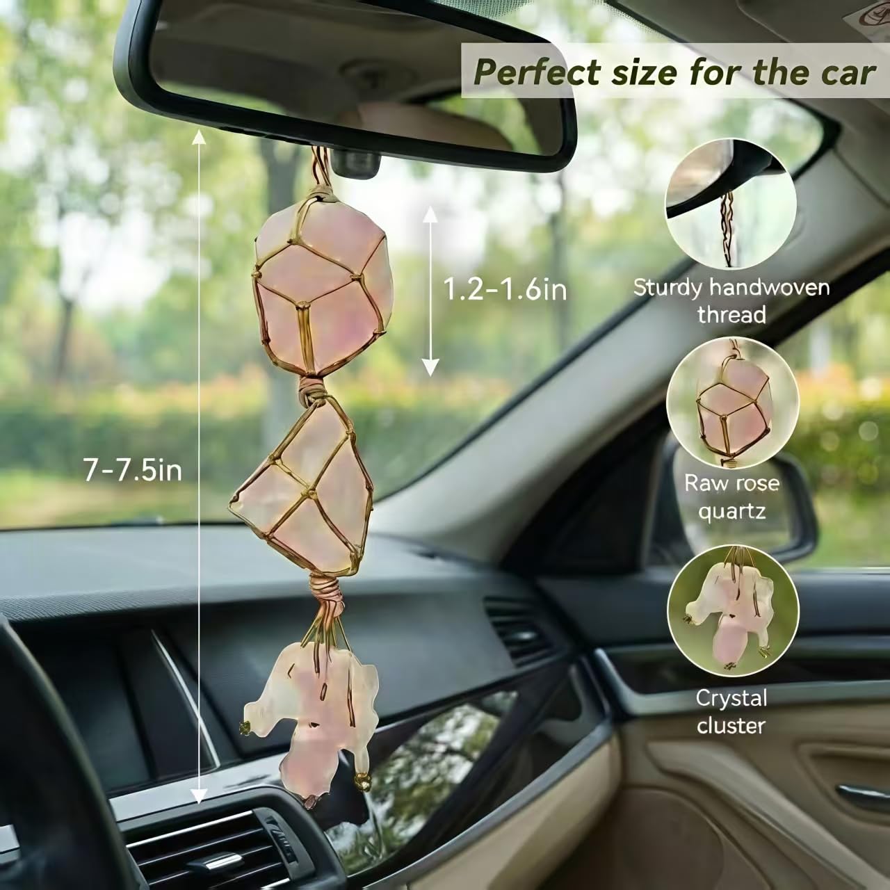 Raw Rose Quartz Car Diffuser Hanging Ornament | Natural Crystal Aromatherapy Charm for Rear View Mirror, Boho Essential Oil Diffuser for Yoga & Home Decor, Spiritual Gift Set for Women