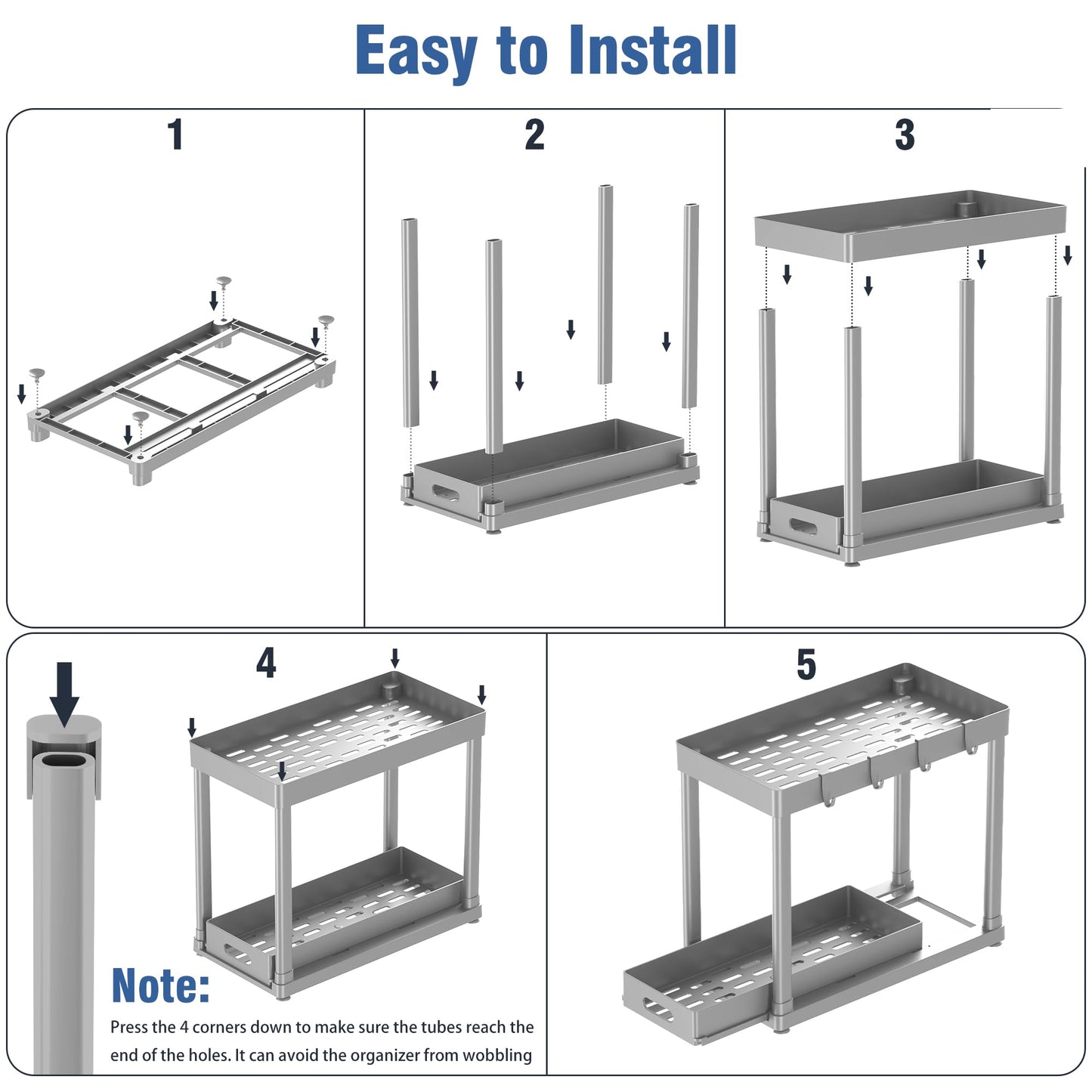 2PC Under Sink Organizer Rack 2 Tier Under Sliding Cabinet Basket Organizer Drawer with 4 Hooks, Multi-purpose Under Sink Storage for Bathroom Kitchen Desktop(Black)