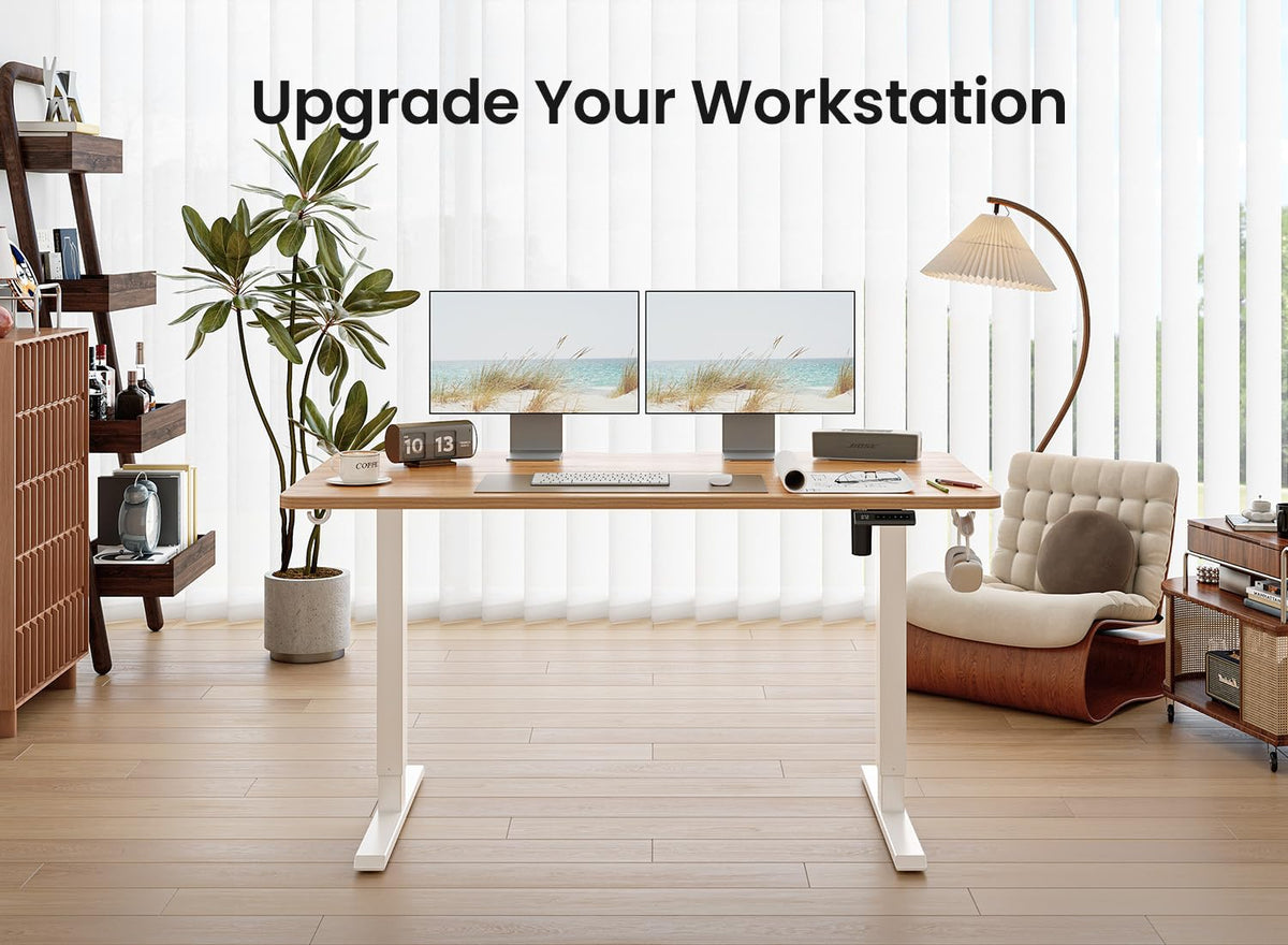 BANTI 63 × 28 Inches Standing Desk, Ergonomic, Electric Height Adjustable, Sit and Stand Up, Computer Office Desk with Splice Board, White Frame/Maple Top