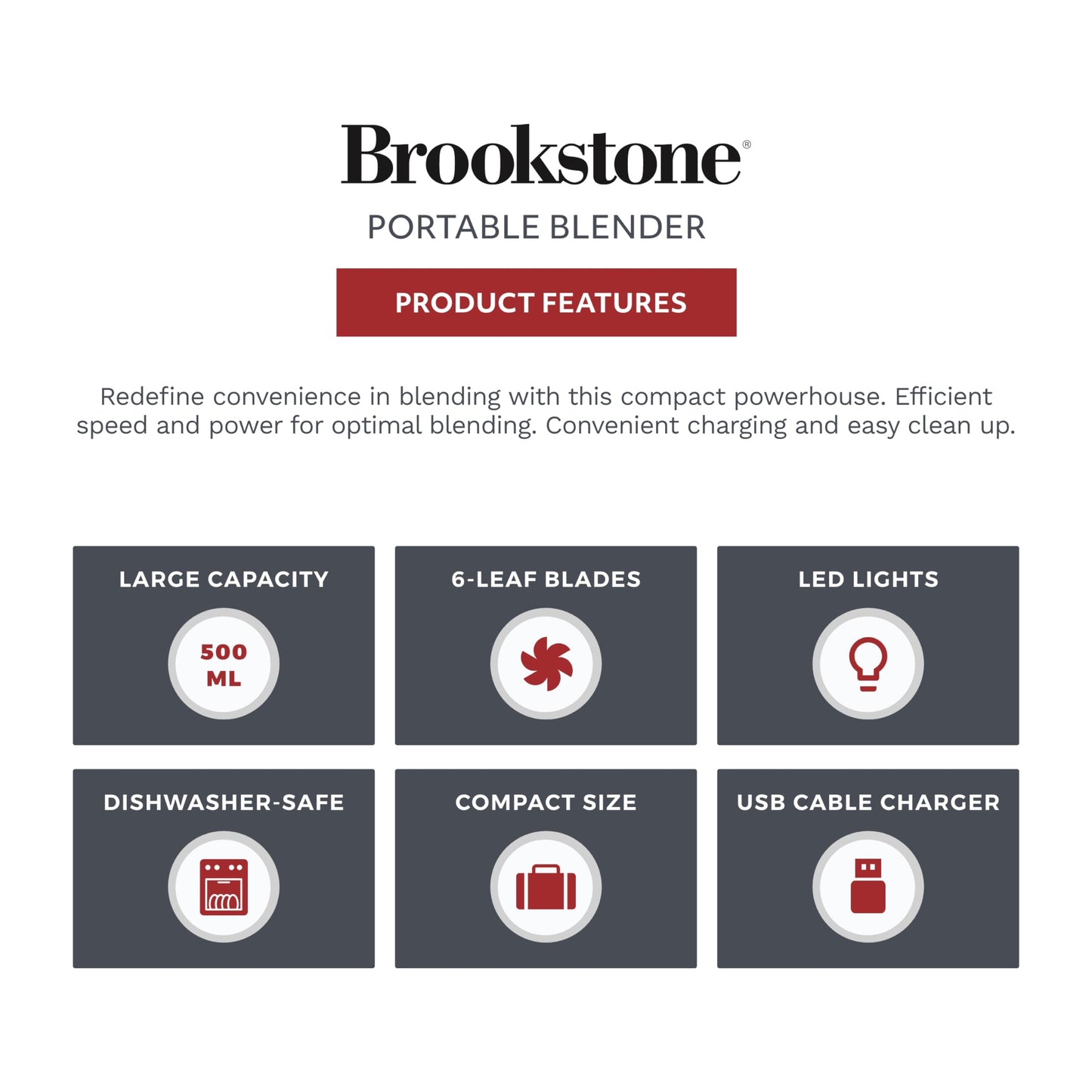 Brookstone 500mL Compact Portable Blender with Additional Lid for On-the-Go Convenience - Personal Blender Perfect for Shakes, Smoothies, Food Prep, and Frozen Blending, BPA-Free (White)