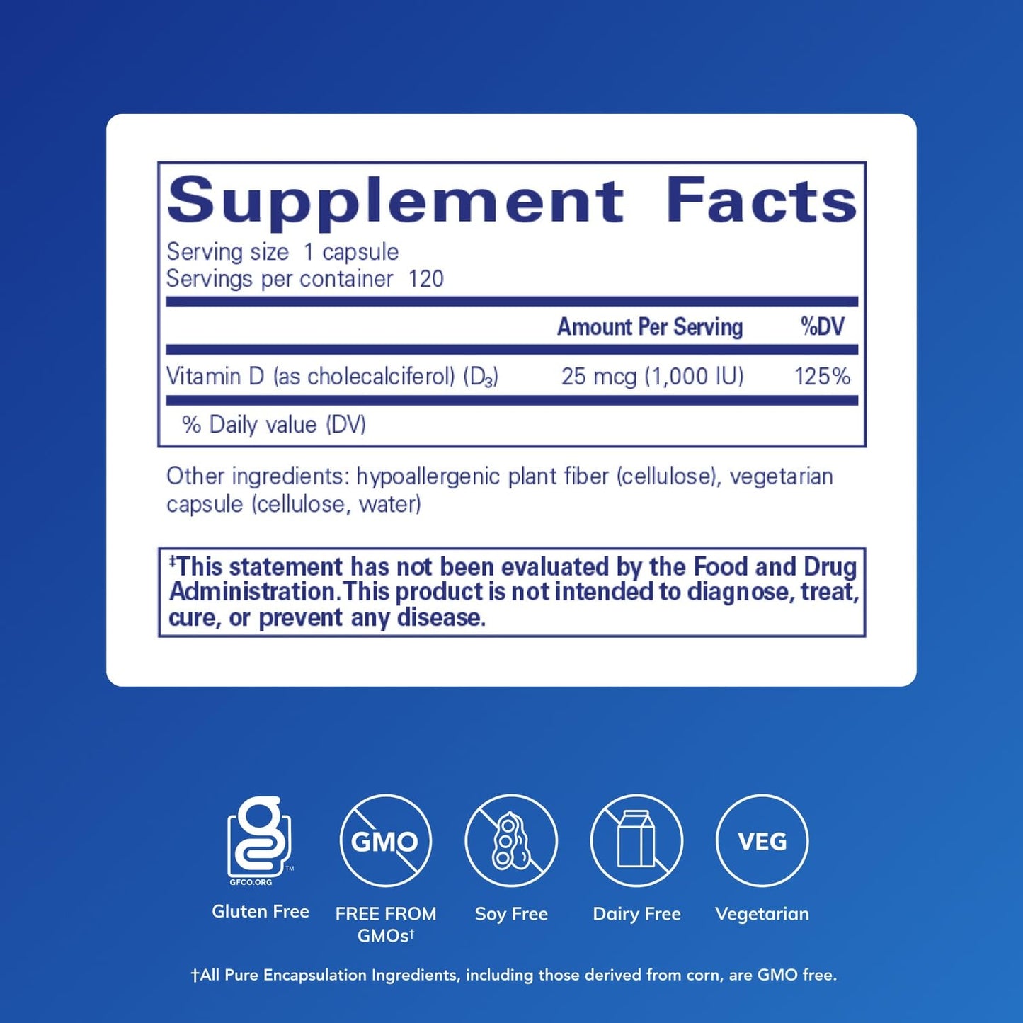 Pure Encapsulations Vitamin D3 1,000 IU - Hypoallergenic Vitamin D Supplement - Immune System, Bone and Muscle Function Support - 120 Capsules