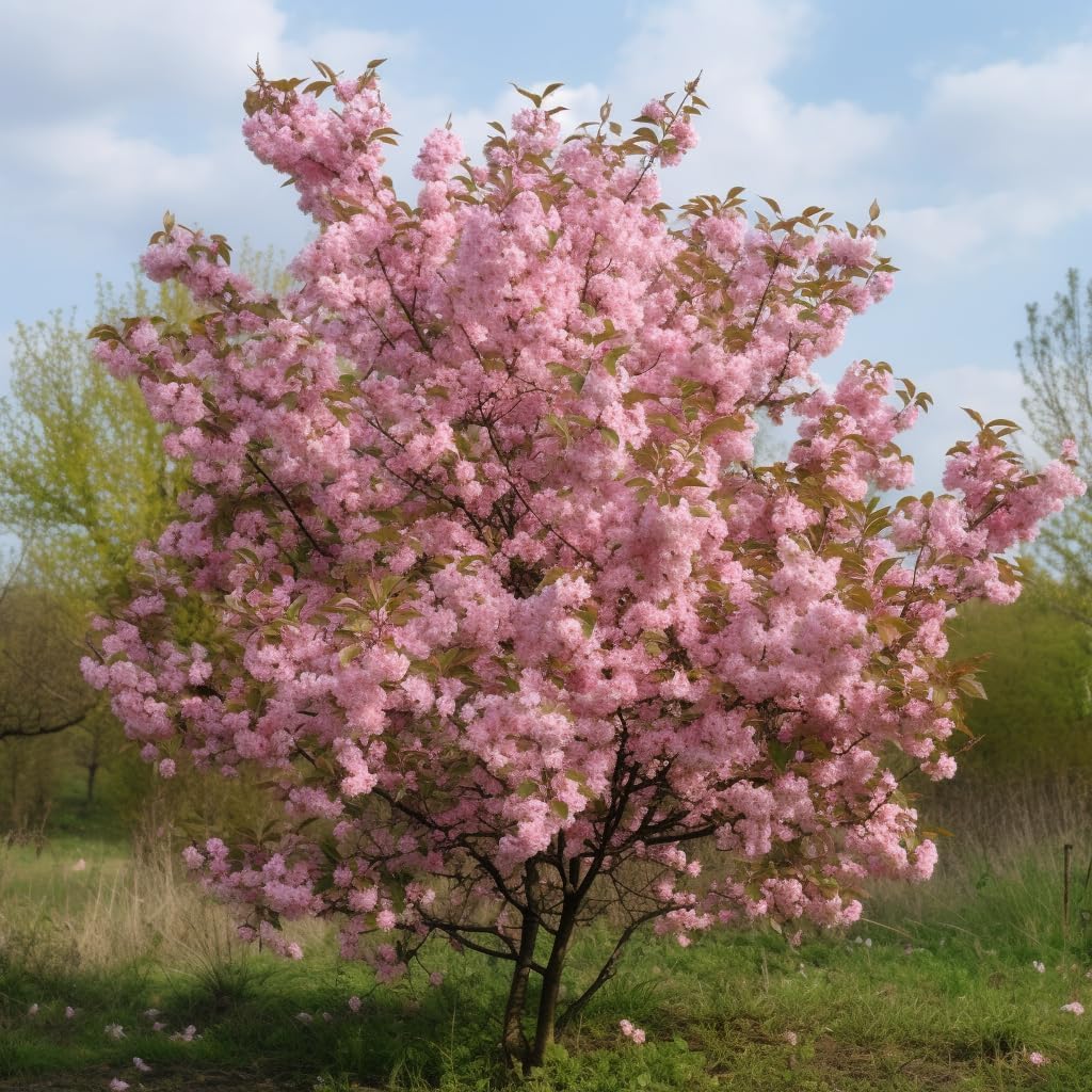 2 Pink Flowering Almond Shrubs (Flowering Plum Bushes) - 6-12" Tall Trees - Live Ornamental Plants - Fragrant Pink Blossoms - Prunus triloba - (2 Pack)