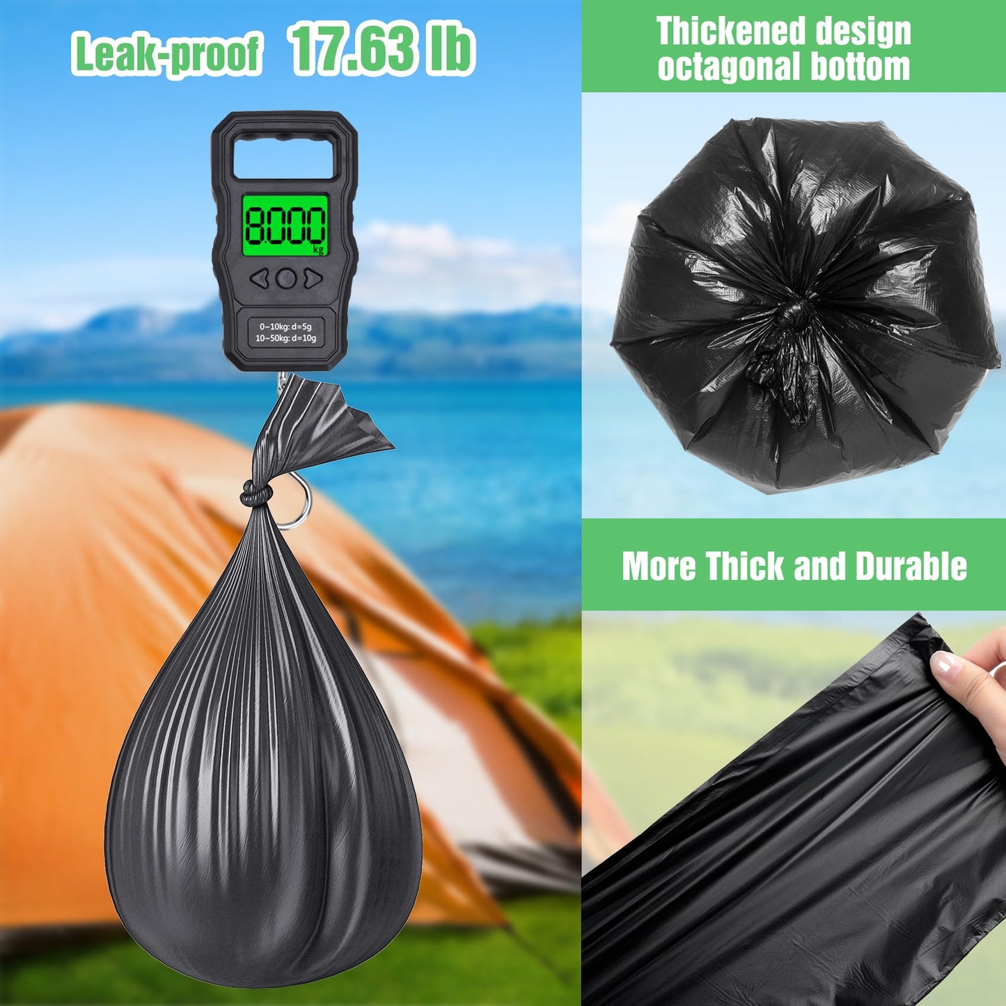 120 Portable Camping Toilet Bags, 8 Gallon Emergency Camp Potty Poop Bags for Adults, Thickened Trash Waste Bags for 5 Gallon Bucket Toilet Seat Camping Trash Can Outdoor