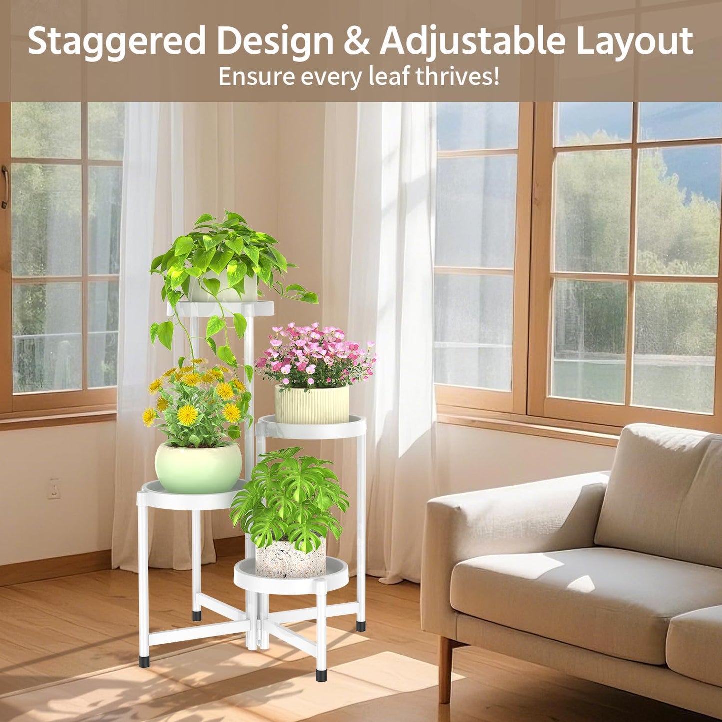LASZOLA 4 Tiered Plant Stand Indoor Outdoor with Plastic Tray, Corner Folding Tall Flower Display Rack, Modern Plant Holder Shelf for Outdoor Patio Porch Garden Office Living Room, White
