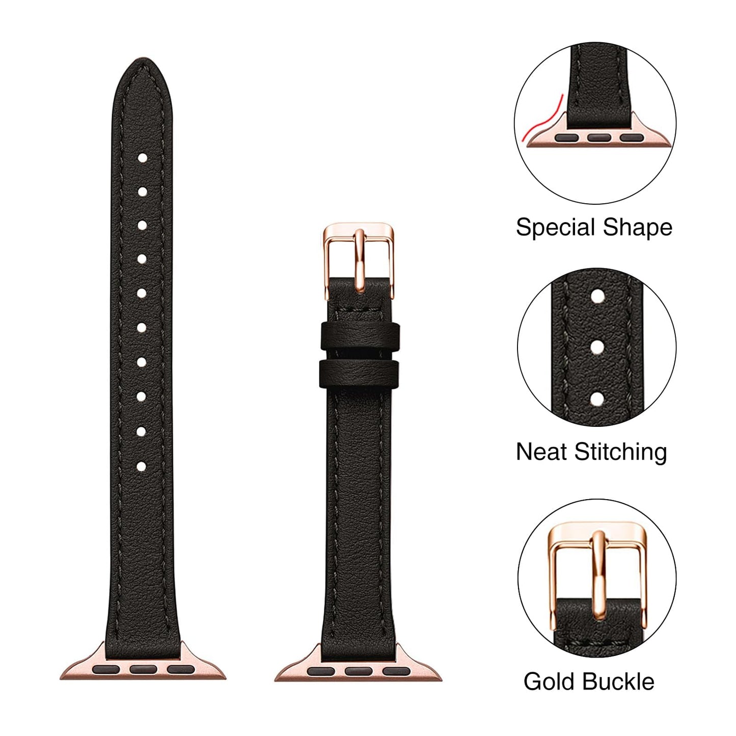 SUNFWR Compatible with Apple Watch Strap 38mm 40mm 41mm,Genuine Leather Strap Replacement,Slim&Thin Wristband for iwatch Series 7/6/5/4/3/2/1,SE(38mm 40mm 41mm,Black&Rosegold)