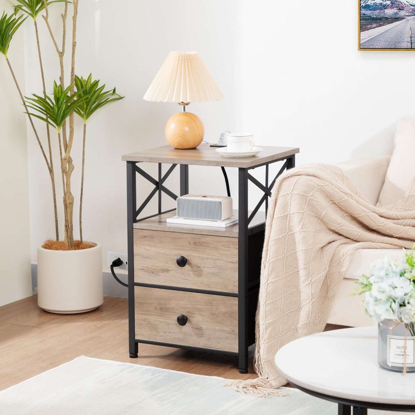 AMHANCIBLE Night Stand, Nightstand with Charging Station, End Tables Living Room with Fabric Drawer, Bedside Table with USB Ports and Outlets for Small Spaces Bedroom, Greige HET05XGY1