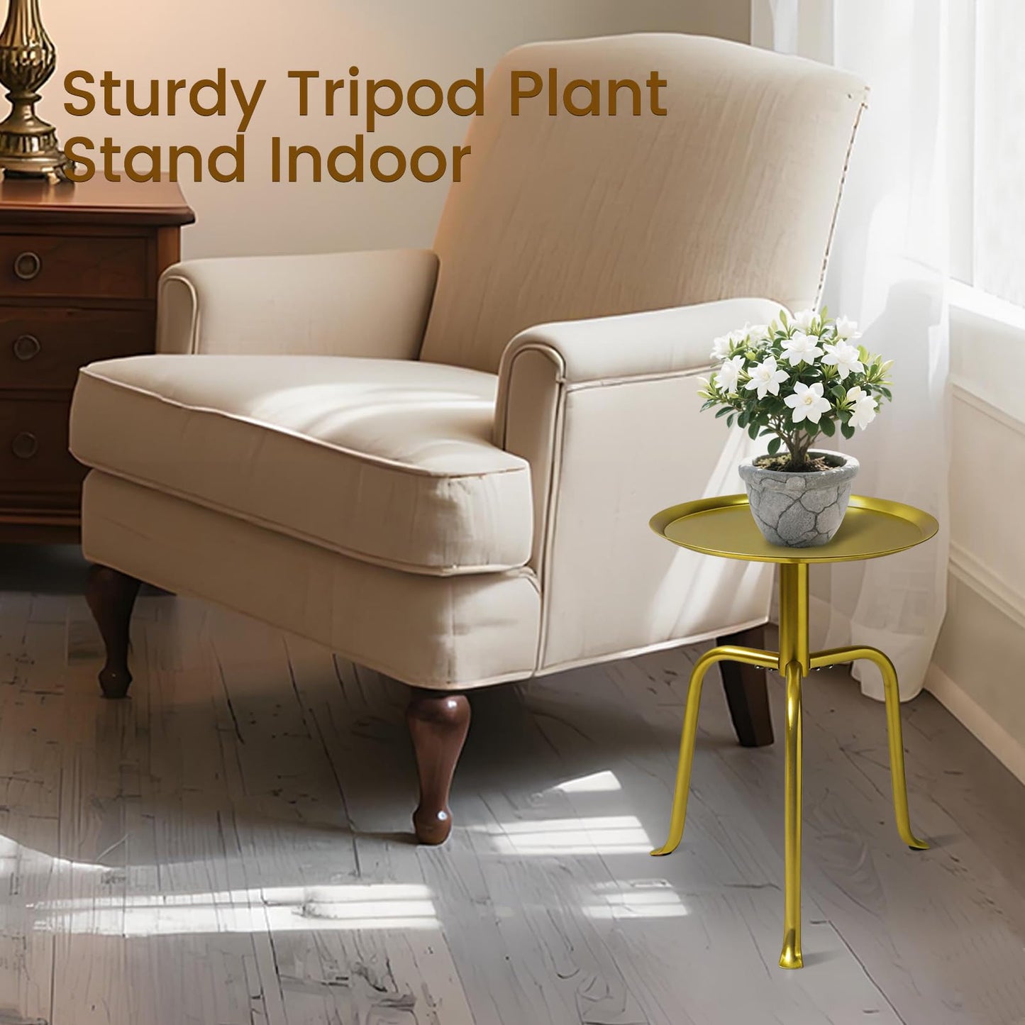 Uniqcovosa Plant Stand Indoor Outdoor, 11'' Round Gold Corner Single Plant Table, 3-Leg Small Metal Plant Holders Flower Pot Stand, Modern Corner Round Small Side End Table with Raised Design